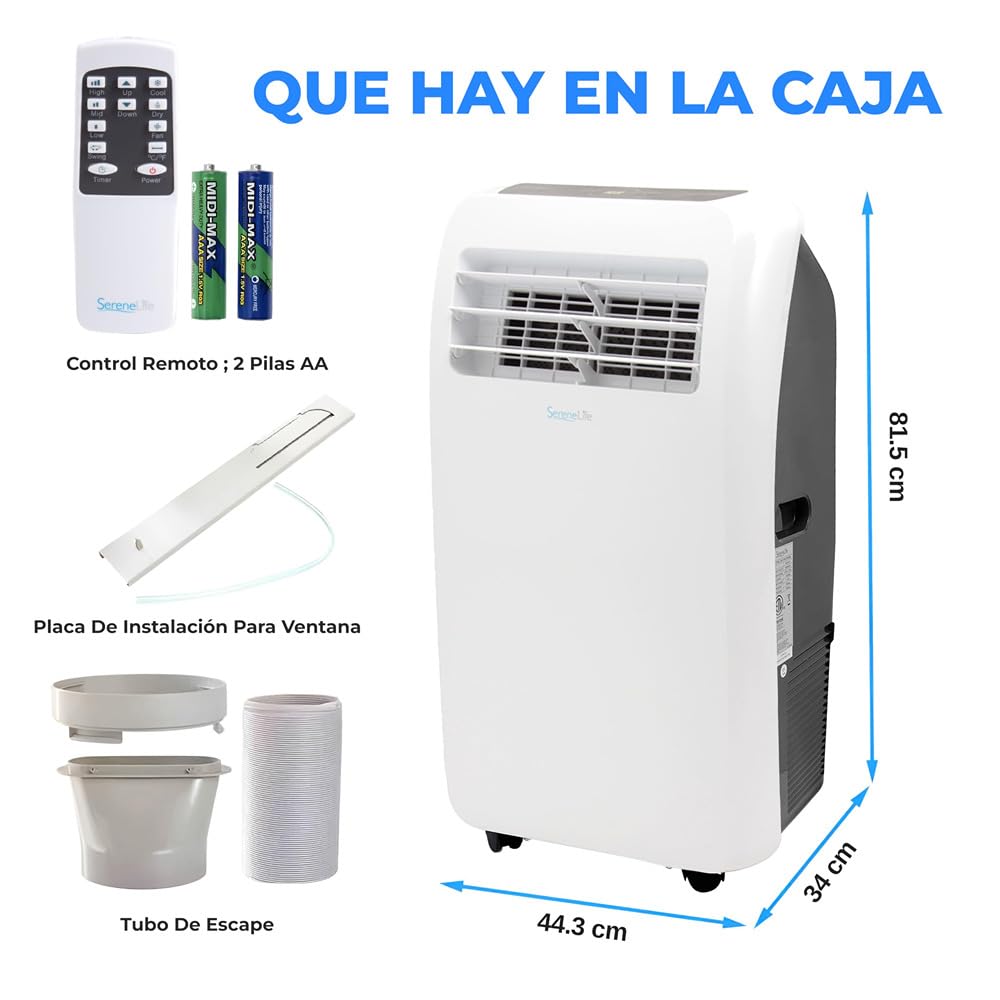 SereneLife Aire Acondicionado Portátil 12,000 BTU – Silencioso y Móvil, con Deshumidificador, Ventilador, Kit de Escape para Ventana y Mando a Distancia, Ideal para Casa y Oficina