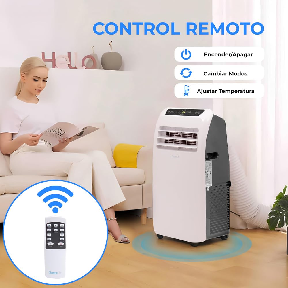 SereneLife Aire Acondicionado Portátil 12,000 BTU – Silencioso y Móvil, con Deshumidificador, Ventilador, Kit de Escape para Ventana y Mando a Distancia, Ideal para Casa y Oficina