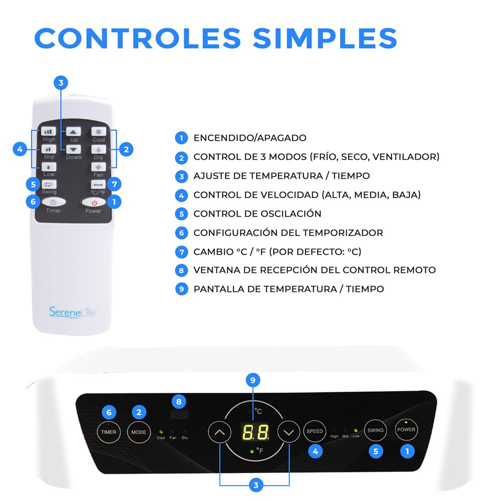 SereneLife Aire Acondicionado Portátil 12,000 BTU – Silencioso y Móvil, con Deshumidificador, Ventilador, Kit de Escape para Ventana y Mando a Distancia, Ideal para Casa y Oficina