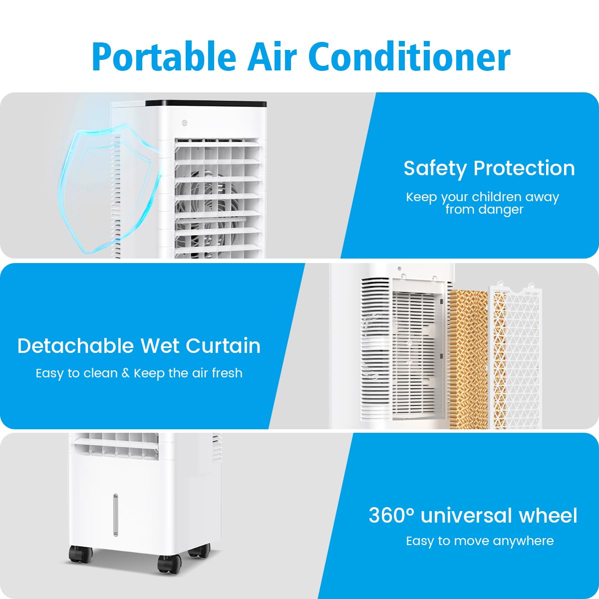 Aire Acondicionado Móvil Silencioso, 6L Refrigerador Aire Acondicionado Portátil Ahorro de Energía Ventilador Humidificador, 3 Velocidades/Modos, Control Remoto, 1-15H Temporizador para Casa Oficina