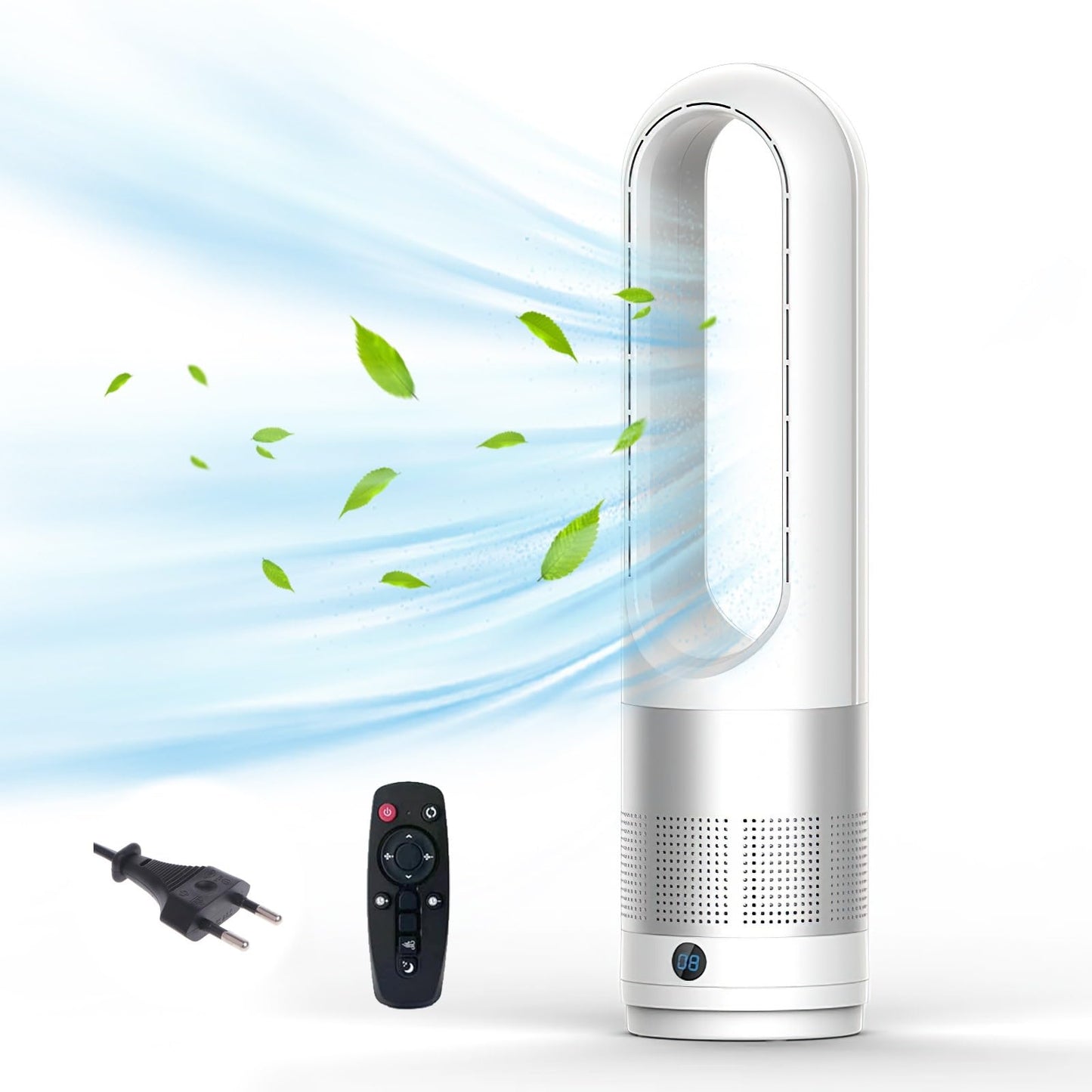 Bladeless Tower Fan with Air Purifier, 18-inch Quiet Tower Fan with Remote Control, 8 Speeds, 80° Oscillation, 8-Hour Timer, LED Display – White