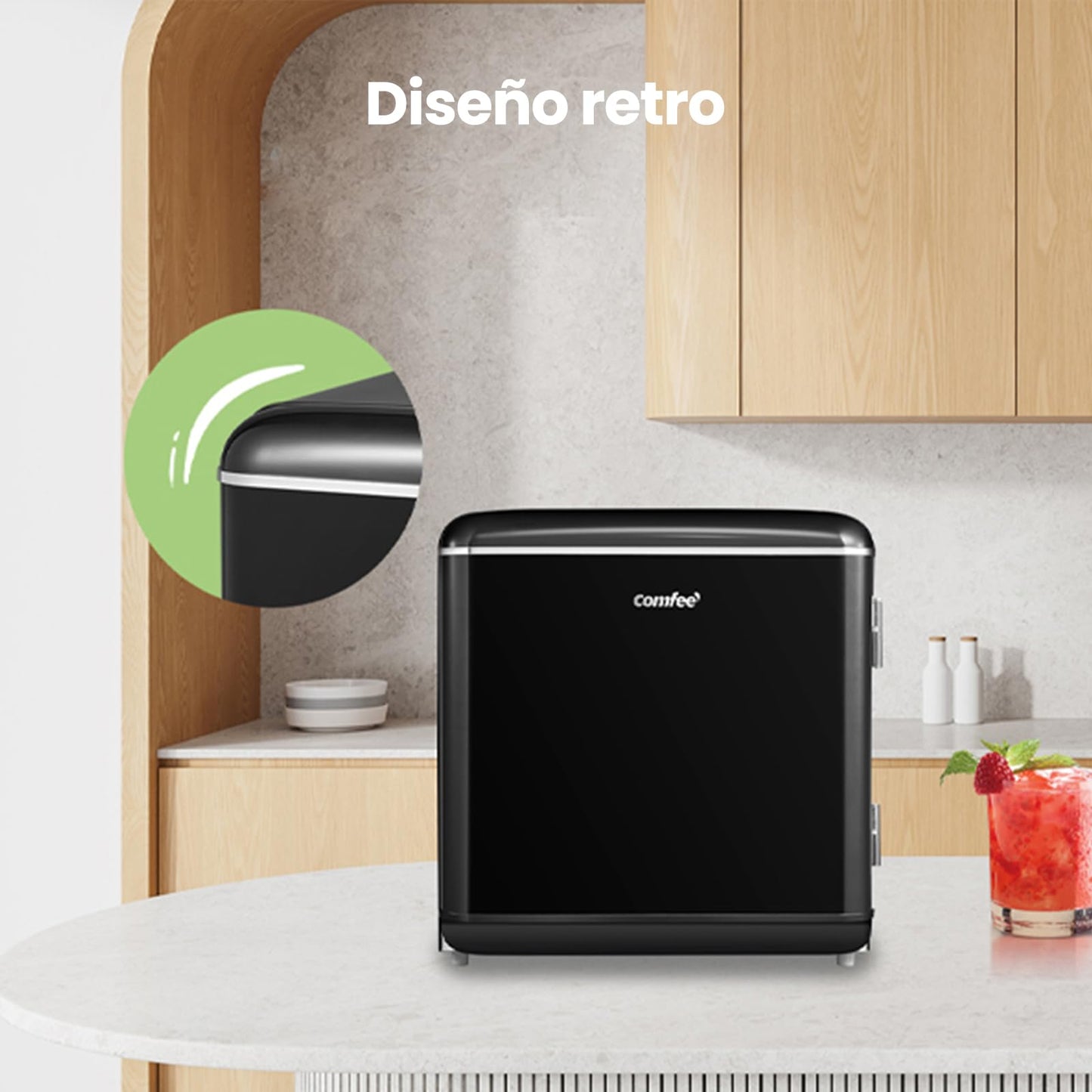 Comfee' RCD50BL2EURT(E) Mini Refrigerador de una sola puerta, 47L, Diseño Retro, con Compartimento Enfriador, Termostatos Ajustables, Bajo Ruido, Ideal para Hogar y Oficina, Negro