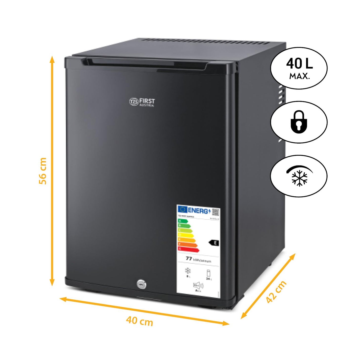 Mini Nevera TZS First Austria 40L – Totalmente Silenciosa, con Cerradura, Puerta Reversible e Iluminación Interior – Ideal para Dormitorio, Oficina, Camping y Hotel – Color Negro