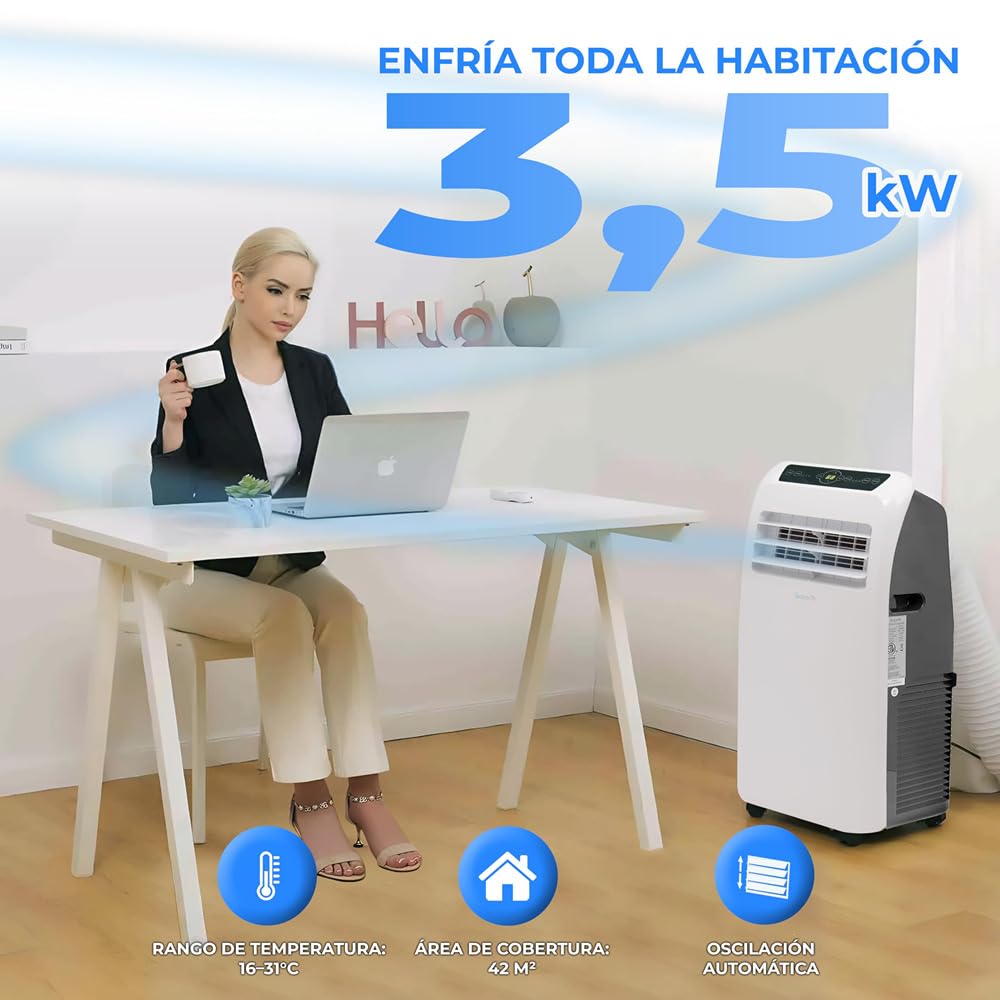 SereneLife Aire Acondicionado Portátil 12,000 BTU – Silencioso y Móvil, con Deshumidificador, Ventilador, Kit de Escape para Ventana y Mando a Distancia, Ideal para Casa y Oficina