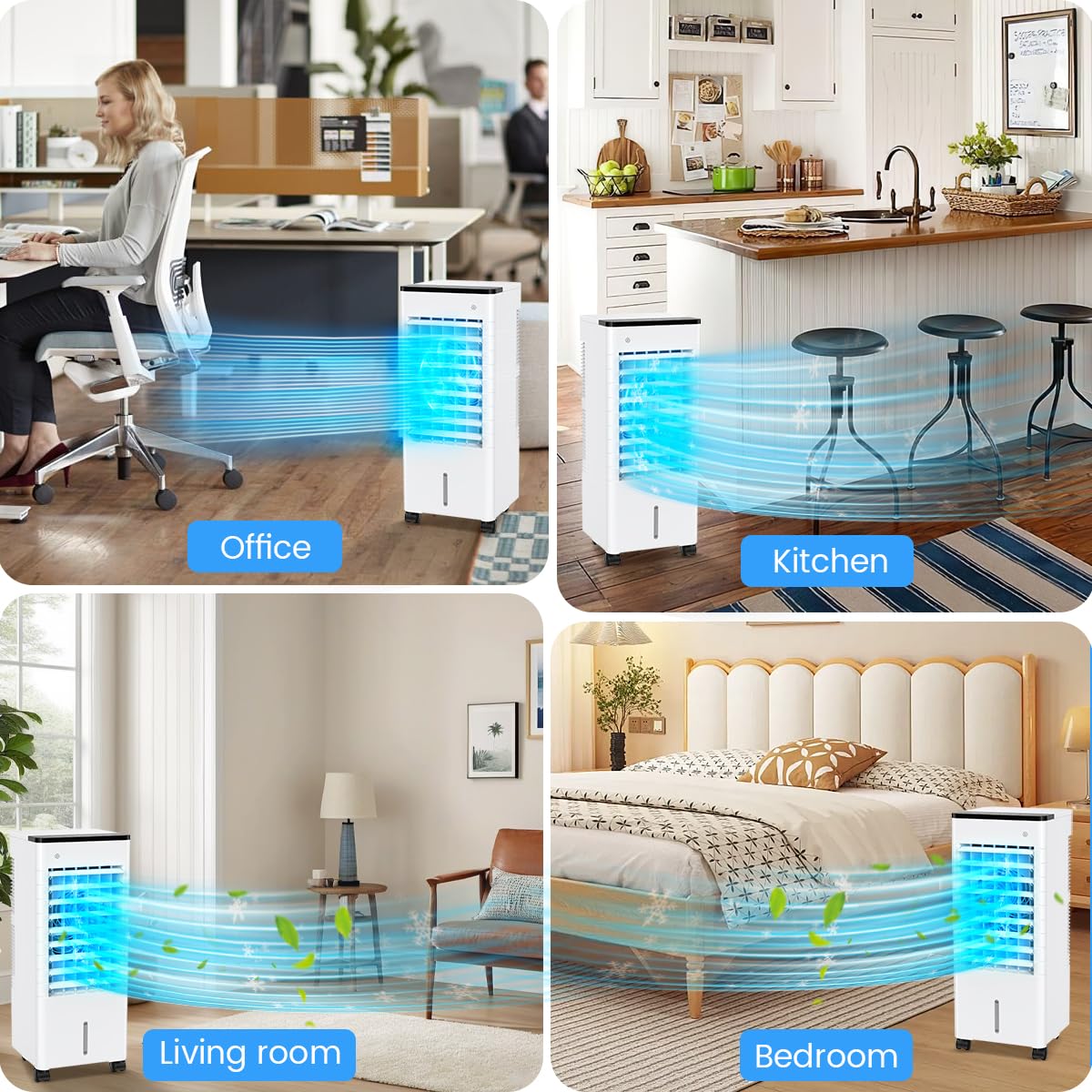 Aire Acondicionado Móvil Silencioso, 6L Refrigerador Aire Acondicionado Portátil Ahorro de Energía Ventilador Humidificador, 3 Velocidades/Modos, Control Remoto, 1-15H Temporizador para Casa Oficina