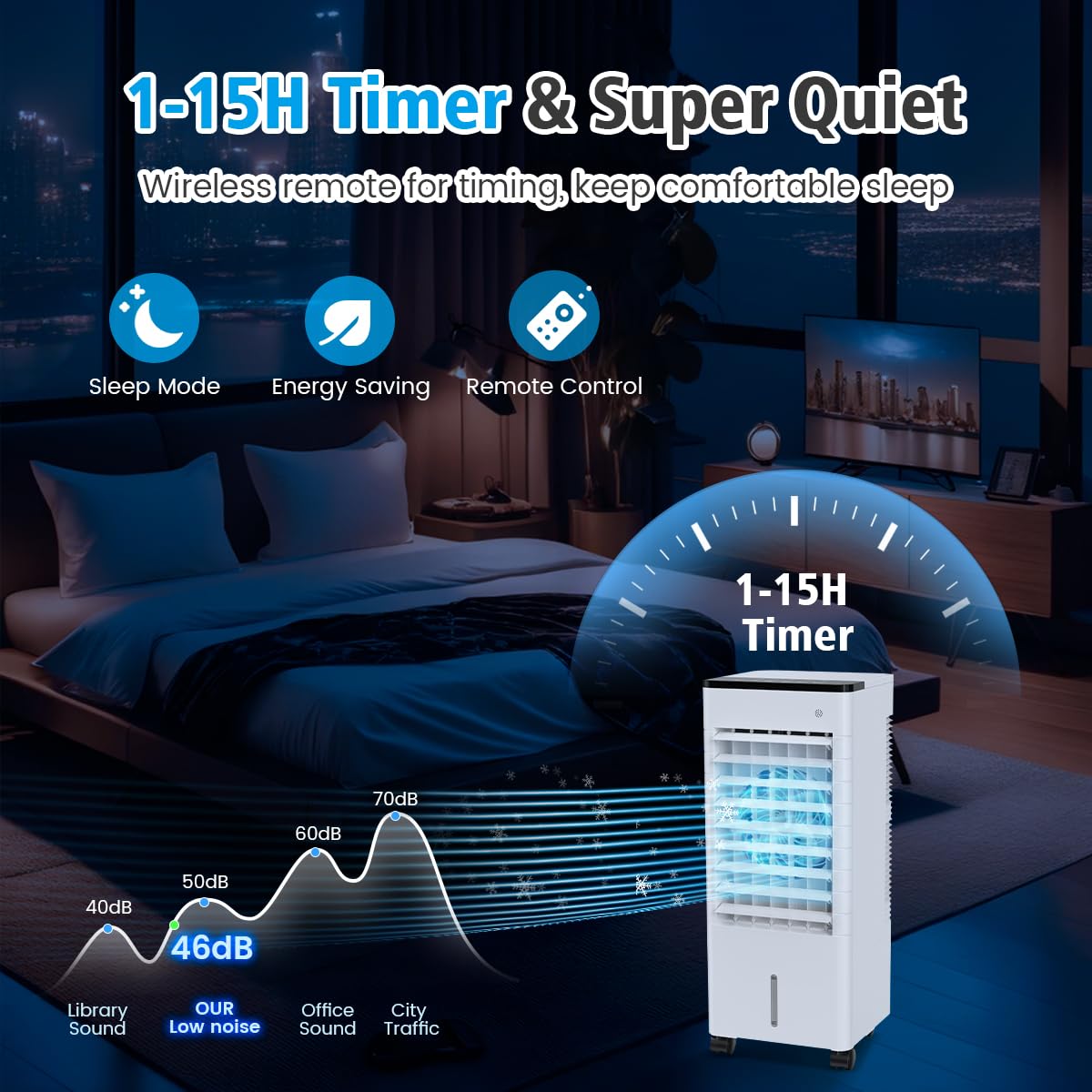 Aire Acondicionado Móvil Silencioso, 6L Refrigerador Aire Acondicionado Portátil Ahorro de Energía Ventilador Humidificador, 3 Velocidades/Modos, Control Remoto, 1-15H Temporizador para Casa Oficina