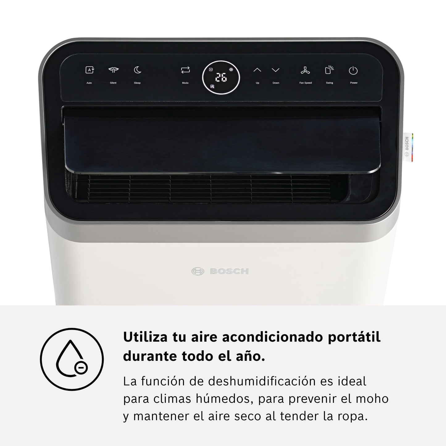 Bosch Cool 4000 AC Portátil 3 en 1 – Aire Acondicionado, Deshumidificador y Ventilador, 2,6 kW, Cobertura hasta 35 m², Modo Automático, Silencioso y Función Sleep