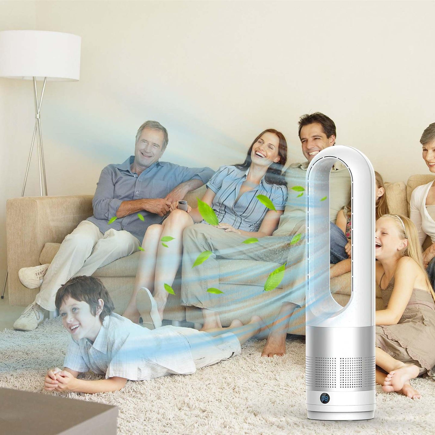 Bladeless Tower Fan with Air Purifier, 18-inch Quiet Tower Fan with Remote Control, 8 Speeds, 80° Oscillation, 8-Hour Timer, LED Display – White