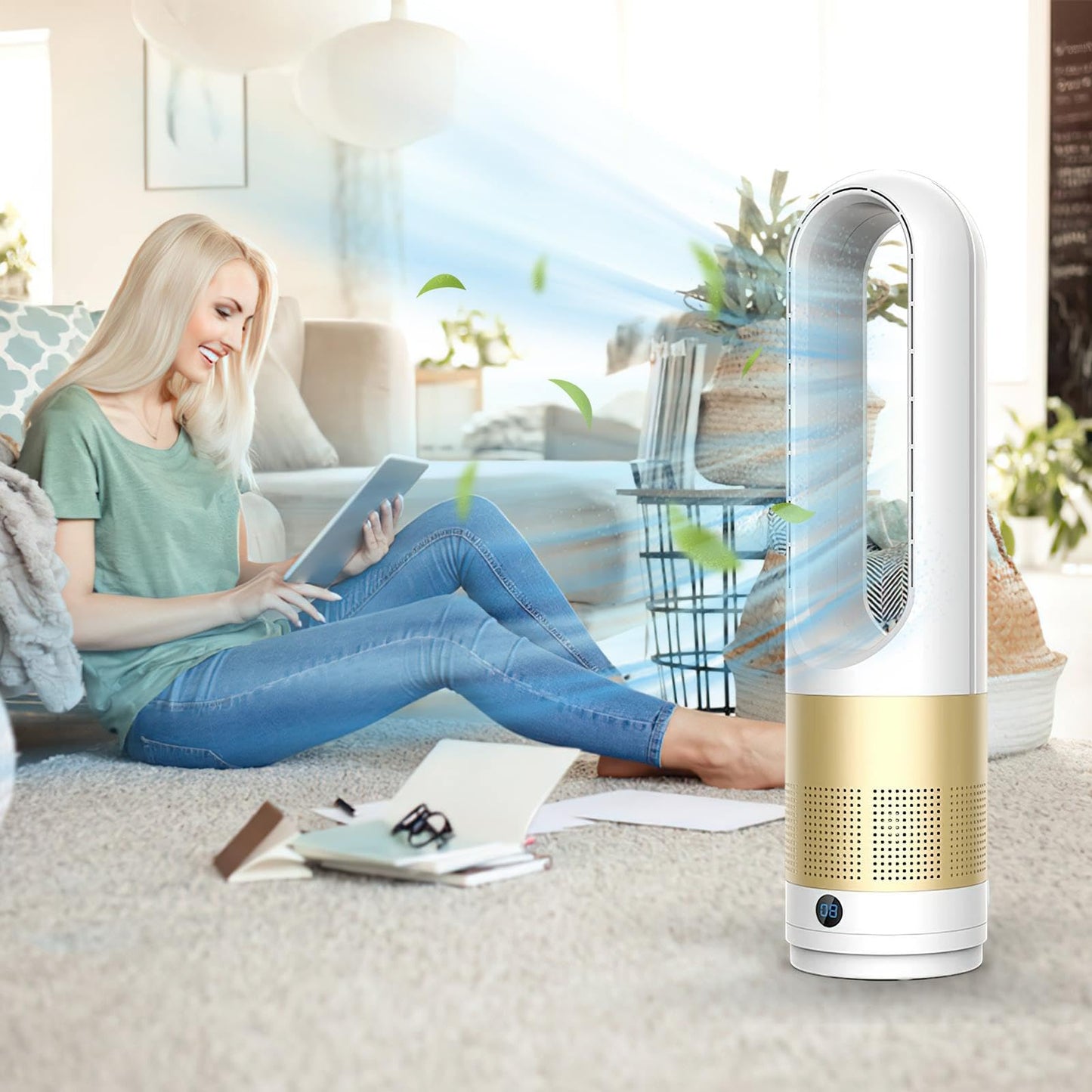 Bladeless Tower Fan with Air Purifier, 18-inch Quiet Tower Fan with Remote Control, 8 Speeds, 80° Oscillation, 8-Hour Timer, LED Display – White