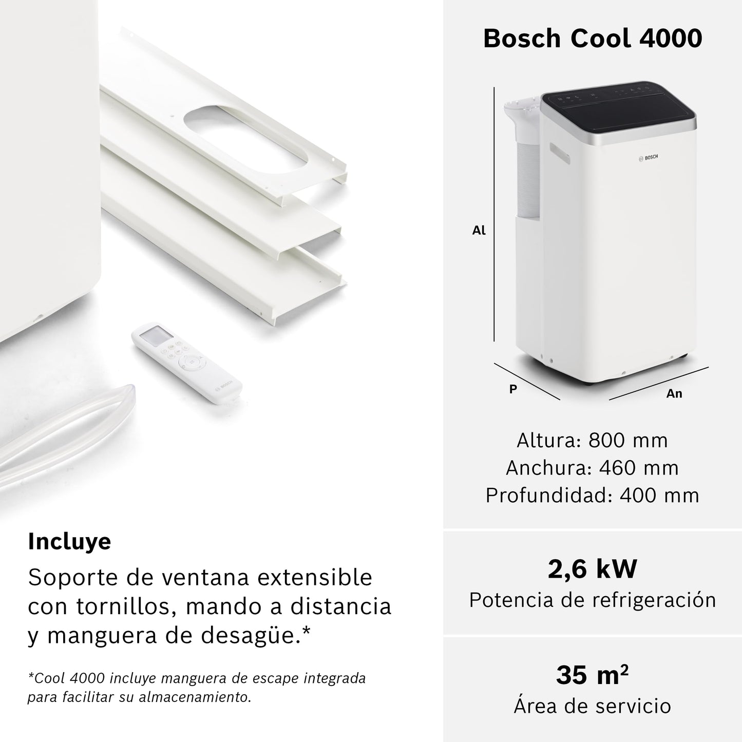 Bosch Cool 4000 AC Portátil 3 en 1 – Aire Acondicionado, Deshumidificador y Ventilador, 2,6 kW, Cobertura hasta 35 m², Modo Automático, Silencioso y Función Sleep