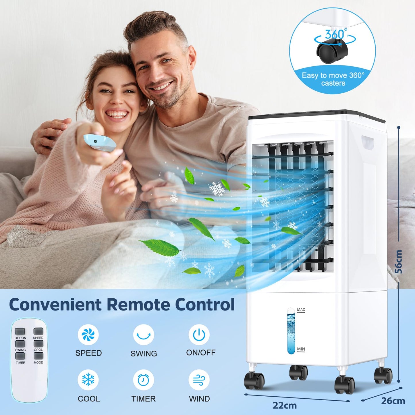 Eysddifr Portable Air Conditioner with 6L Tank – Large Mobile Air Cooler, Silent Evaporative Cooler, 1-7 Hour Timer, 2 Modes, 3 Speeds, Remote Control, Oscillation for Home