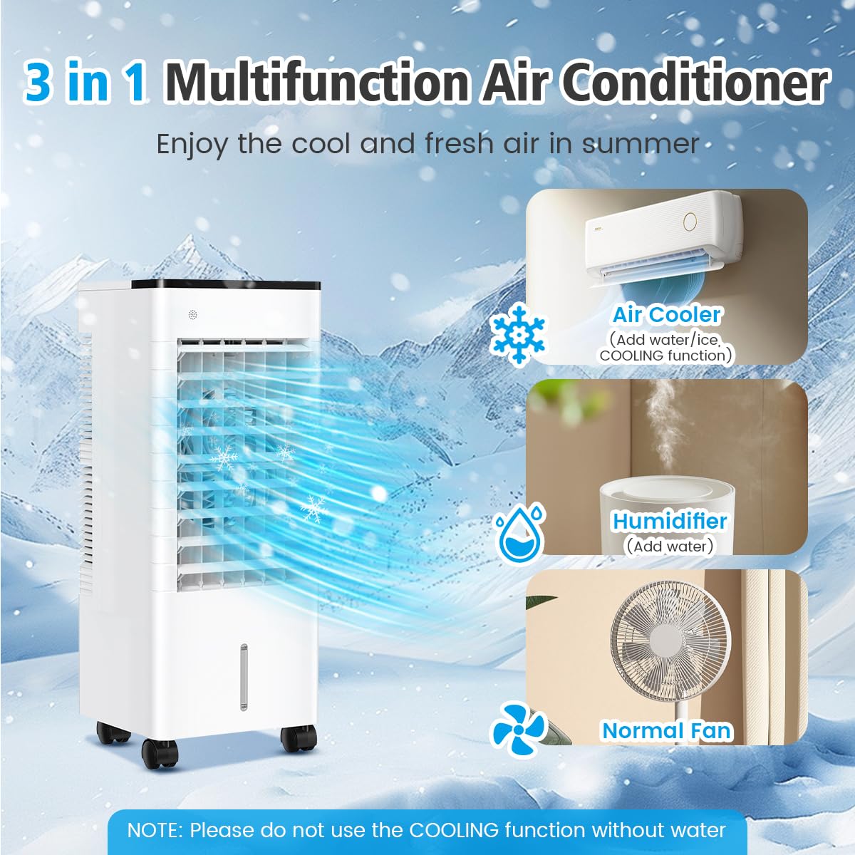 Aire Acondicionado Móvil Silencioso, 6L Refrigerador Aire Acondicionado Portátil Ahorro de Energía Ventilador Humidificador, 3 Velocidades/Modos, Control Remoto, 1-15H Temporizador para Casa Oficina