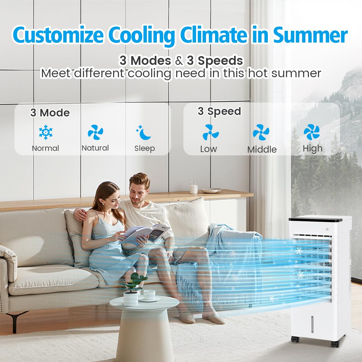 Aire Acondicionado Móvil Silencioso, 6L Refrigerador Aire Acondicionado Portátil Ahorro de Energía Ventilador Humidificador, 3 Velocidades/Modos, Control Remoto, 1-15H Temporizador para Casa Oficina