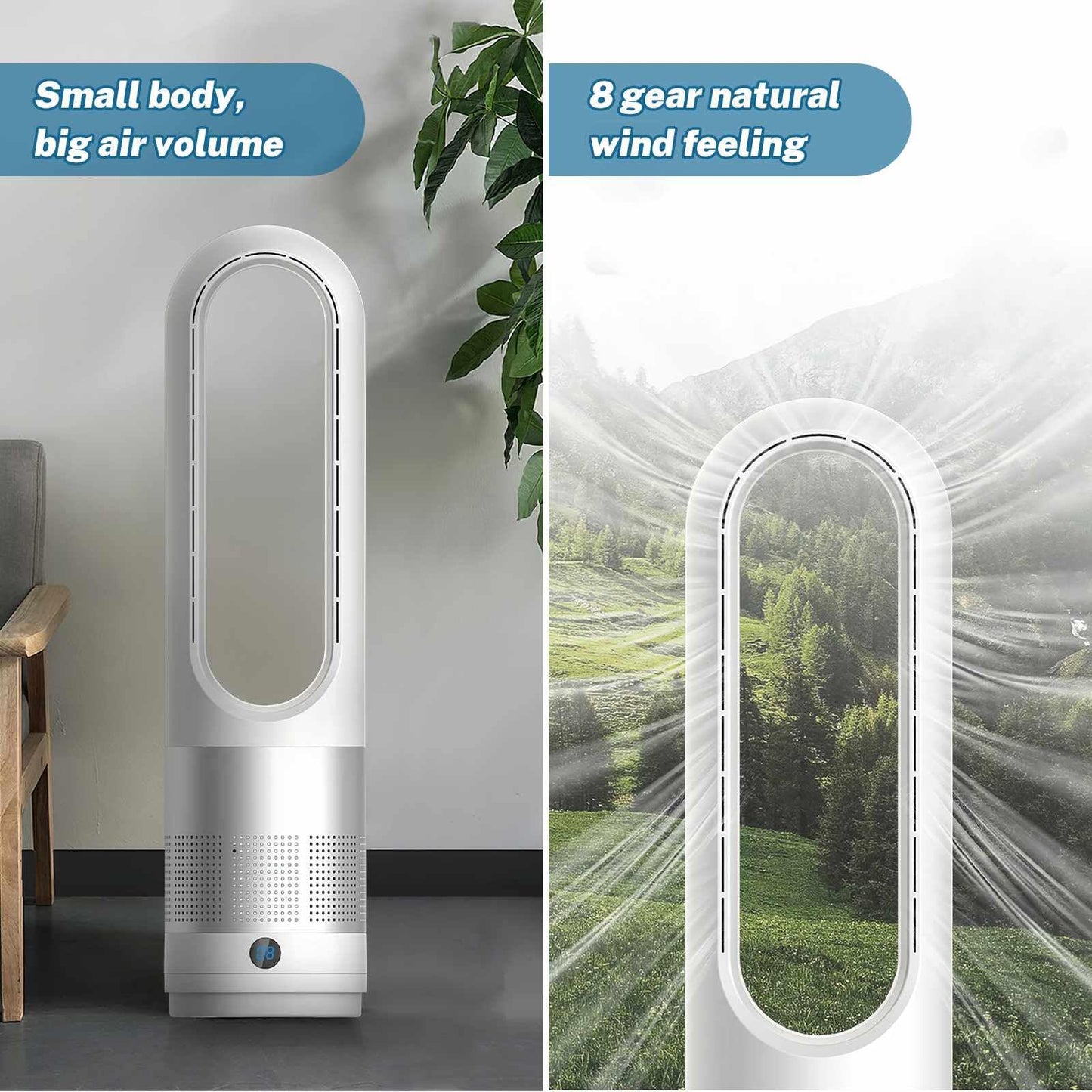 Bladeless Tower Fan with Air Purifier, 18-inch Quiet Tower Fan with Remote Control, 8 Speeds, 80° Oscillation, 8-Hour Timer, LED Display – White