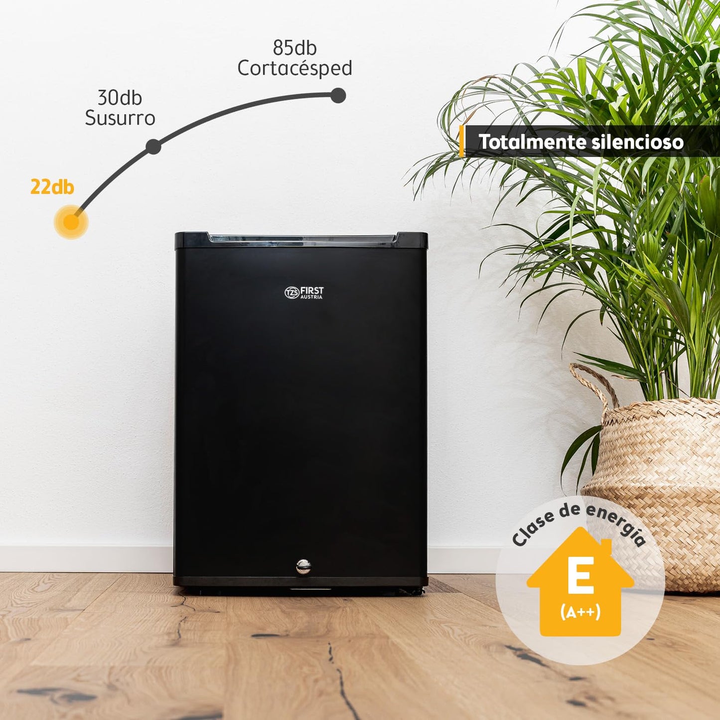 Mini Nevera TZS First Austria 40L – Totalmente Silenciosa, con Cerradura, Puerta Reversible e Iluminación Interior – Ideal para Dormitorio, Oficina, Camping y Hotel – Color Negro