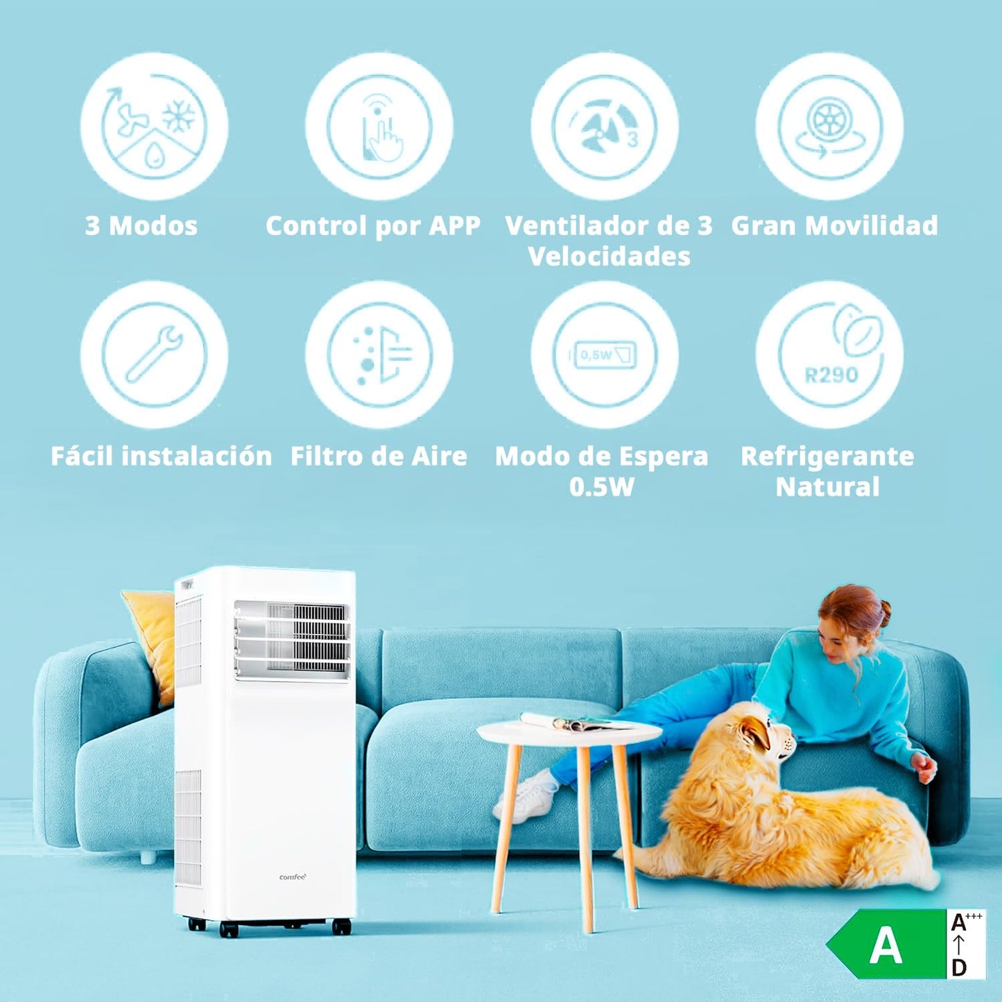 COMFEE Pingüino Aire Acondicionado Portátil 7000 BTU – Refrigera, Ventila y Deshumidifica, Sin Unidad Exterior, Bajo Consumo Energético, Control por App, Kit de Ventana Incluido