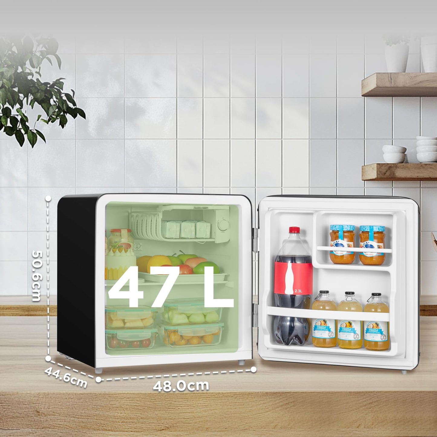 Comfee' RCD50BL2EURT(E) Mini Refrigerador de una sola puerta, 47L, Diseño Retro, con Compartimento Enfriador, Termostatos Ajustables, Bajo Ruido, Ideal para Hogar y Oficina, Negro