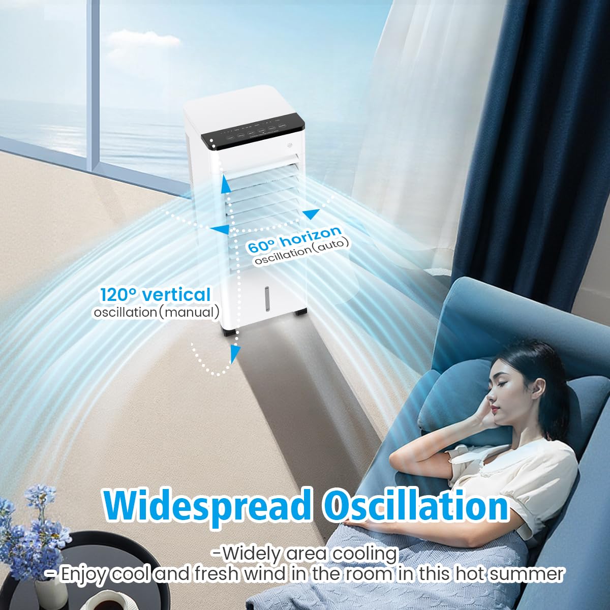 Aire Acondicionado Móvil Silencioso, 6L Refrigerador Aire Acondicionado Portátil Ahorro de Energía Ventilador Humidificador, 3 Velocidades/Modos, Control Remoto, 1-15H Temporizador para Casa Oficina