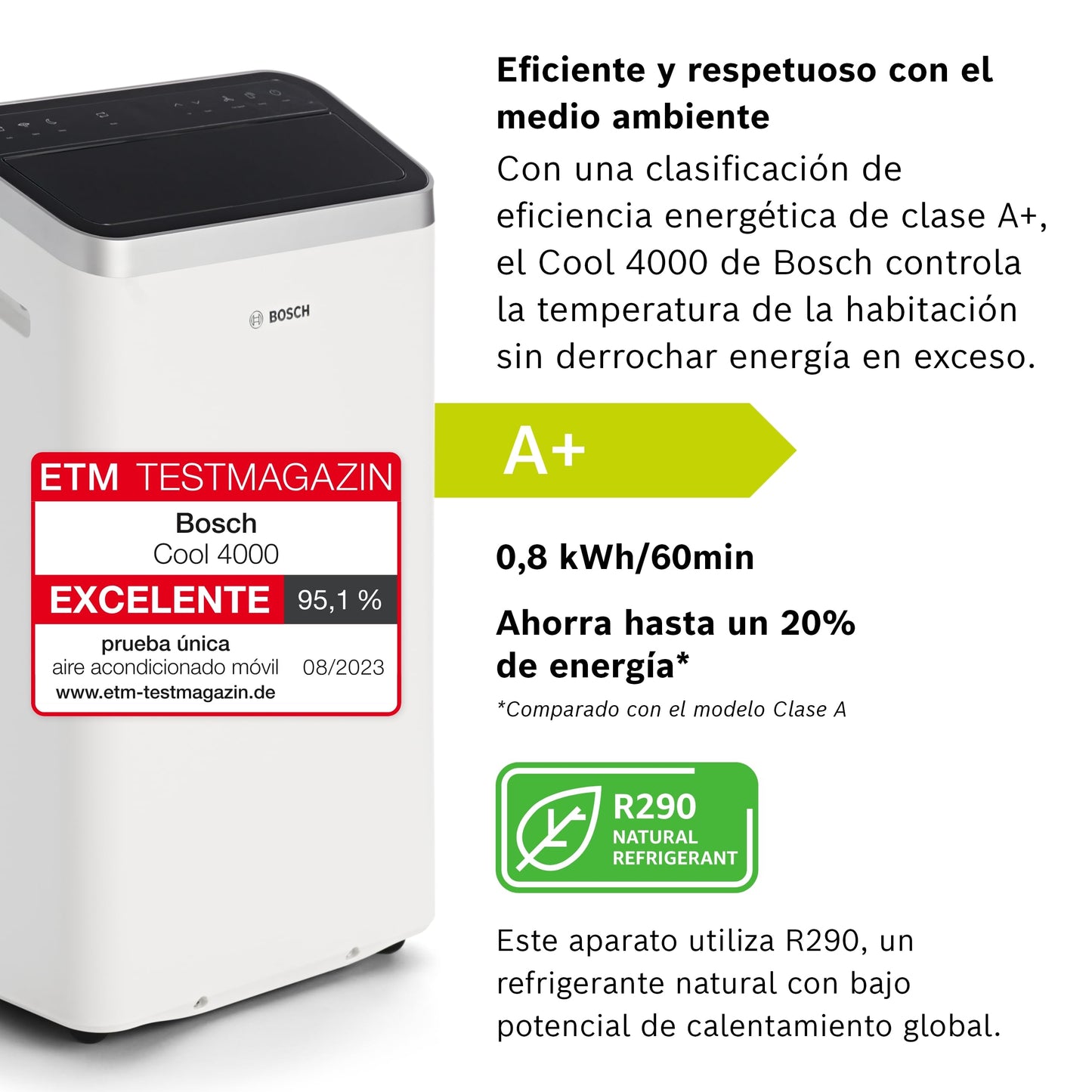 Bosch Cool 4000 AC Portátil 3 en 1 – Aire Acondicionado, Deshumidificador y Ventilador, 2,6 kW, Cobertura hasta 35 m², Modo Automático, Silencioso y Función Sleep