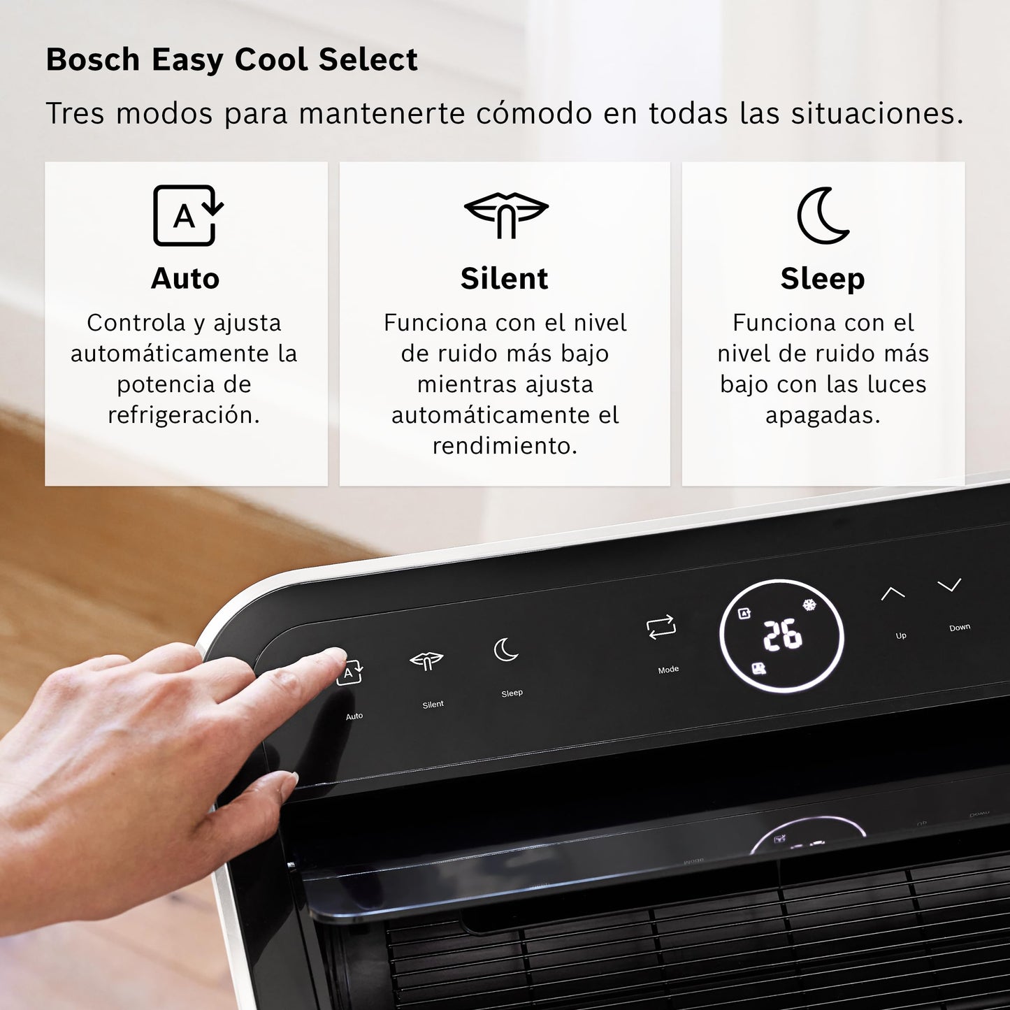 Bosch Cool 4000 AC Portátil 3 en 1 – Aire Acondicionado, Deshumidificador y Ventilador, 2,6 kW, Cobertura hasta 35 m², Modo Automático, Silencioso y Función Sleep