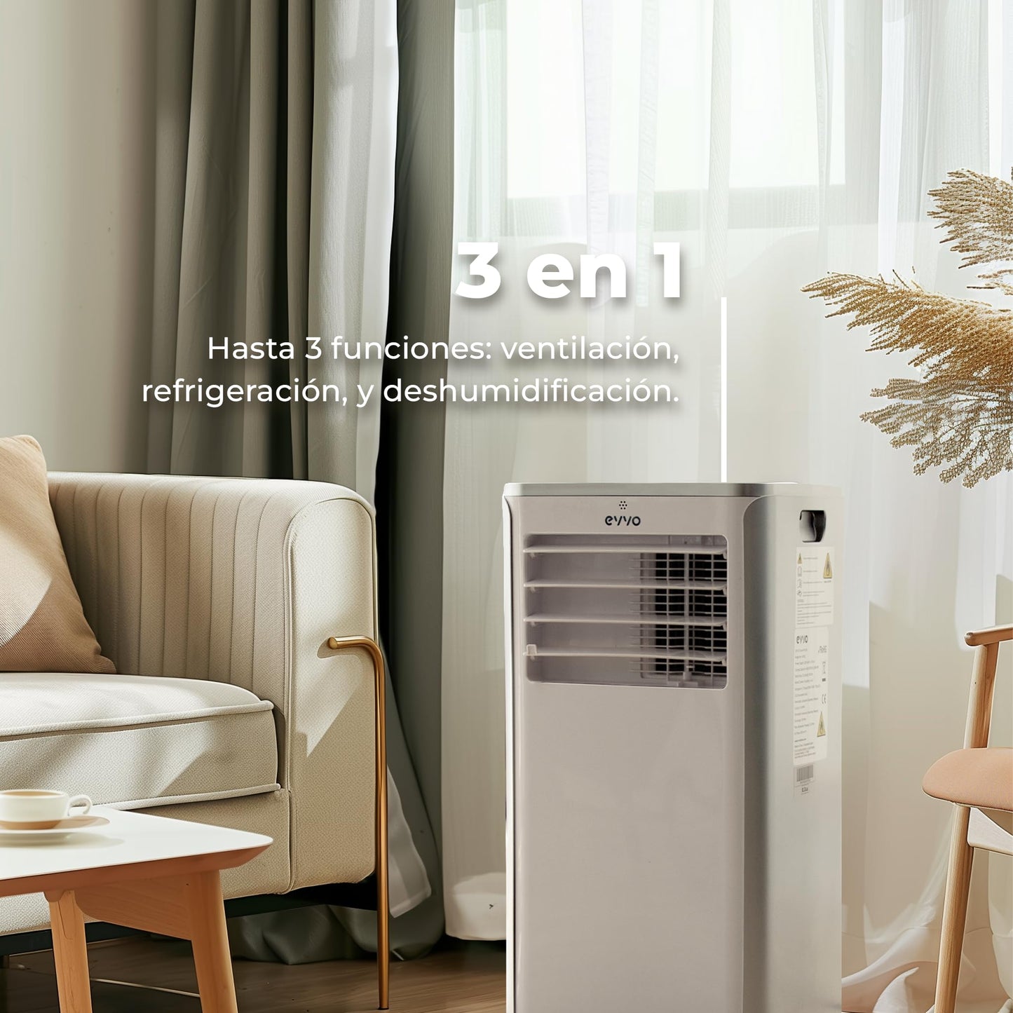 EVVO Portable Air Conditioner 3-in-1, 9,000 BTU, Remote Control, Suitable for 20m², Energy Class A, Window Installation Kit (Model: Clima P9 White)