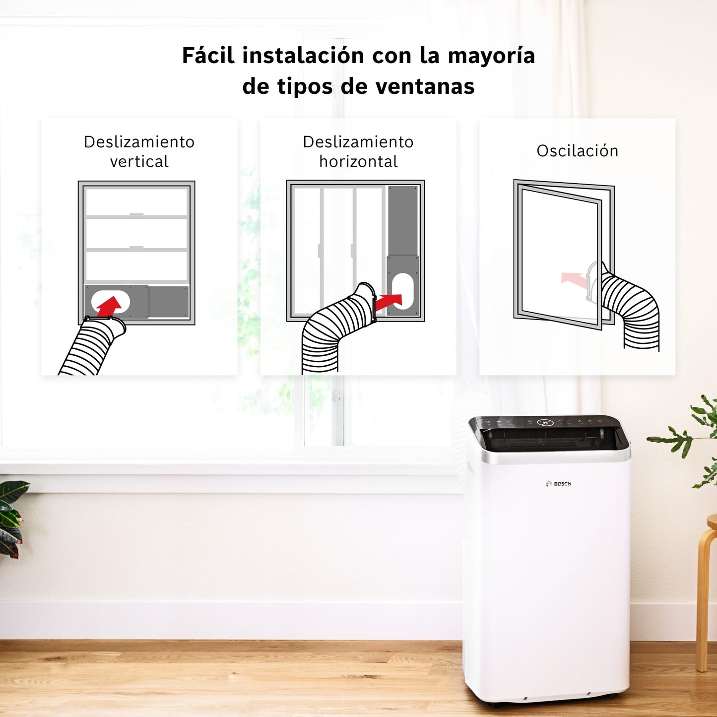 Bosch Cool 4000 AC Portátil 3 en 1 – Aire Acondicionado, Deshumidificador y Ventilador, 2,6 kW, Cobertura hasta 35 m², Modo Automático, Silencioso y Función Sleep