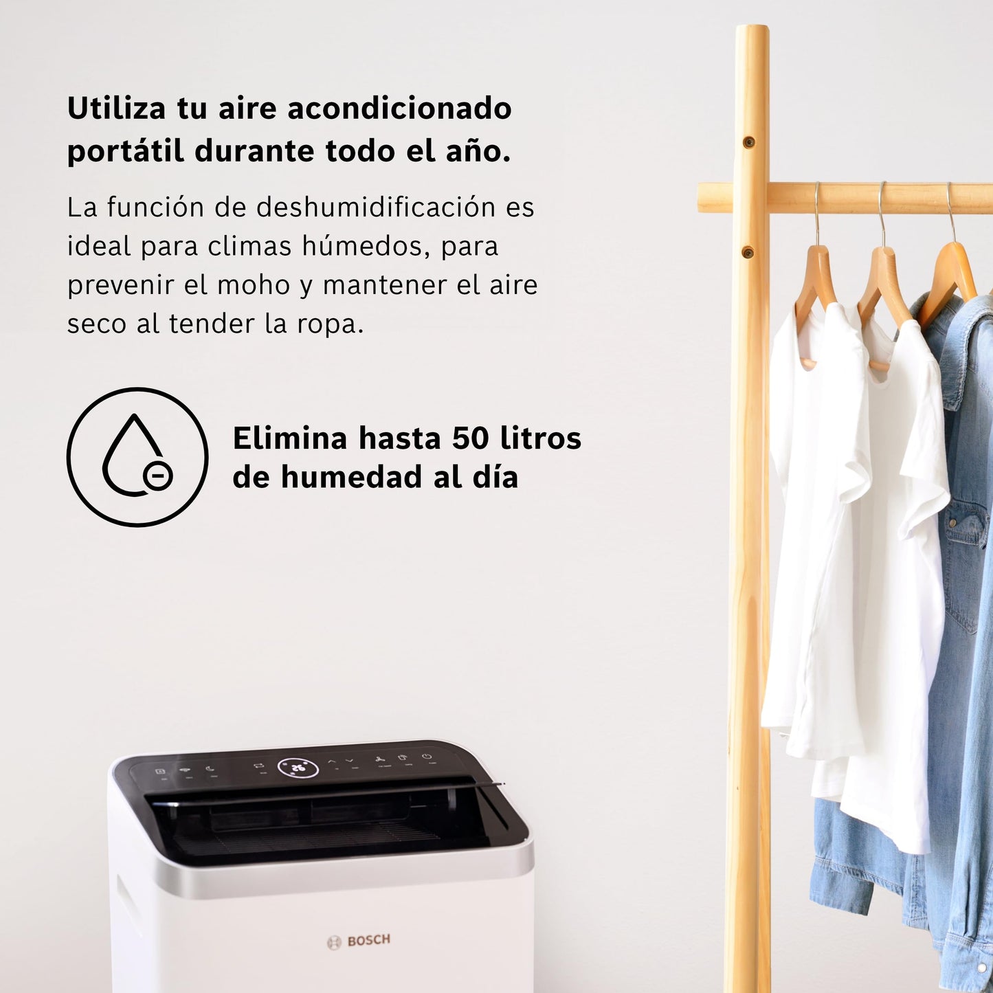 Bosch Cool 4000 AC Portátil 3 en 1 – Aire Acondicionado, Deshumidificador y Ventilador, 2,6 kW, Cobertura hasta 35 m², Modo Automático, Silencioso y Función Sleep