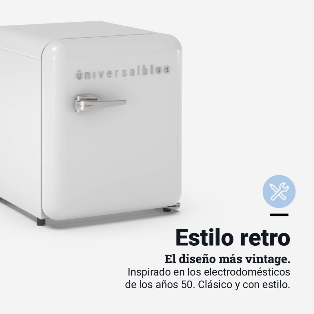 Mini Frigorífico UNIVERSALBLUE 48L Blanco – Diseño Vintage, Zona Fría 0 a -3ºC, Silencioso, Bajo Consumo, Congelador Integrado