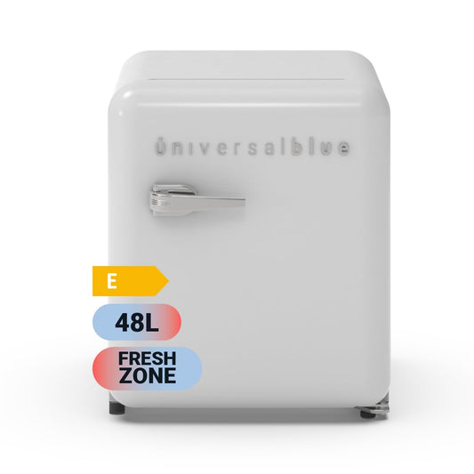 Mini Frigorífico UNIVERSALBLUE 48L Blanco – Diseño Vintage, Zona Fría 0 a -3ºC, Silencioso, Bajo Consumo, Congelador Integrado