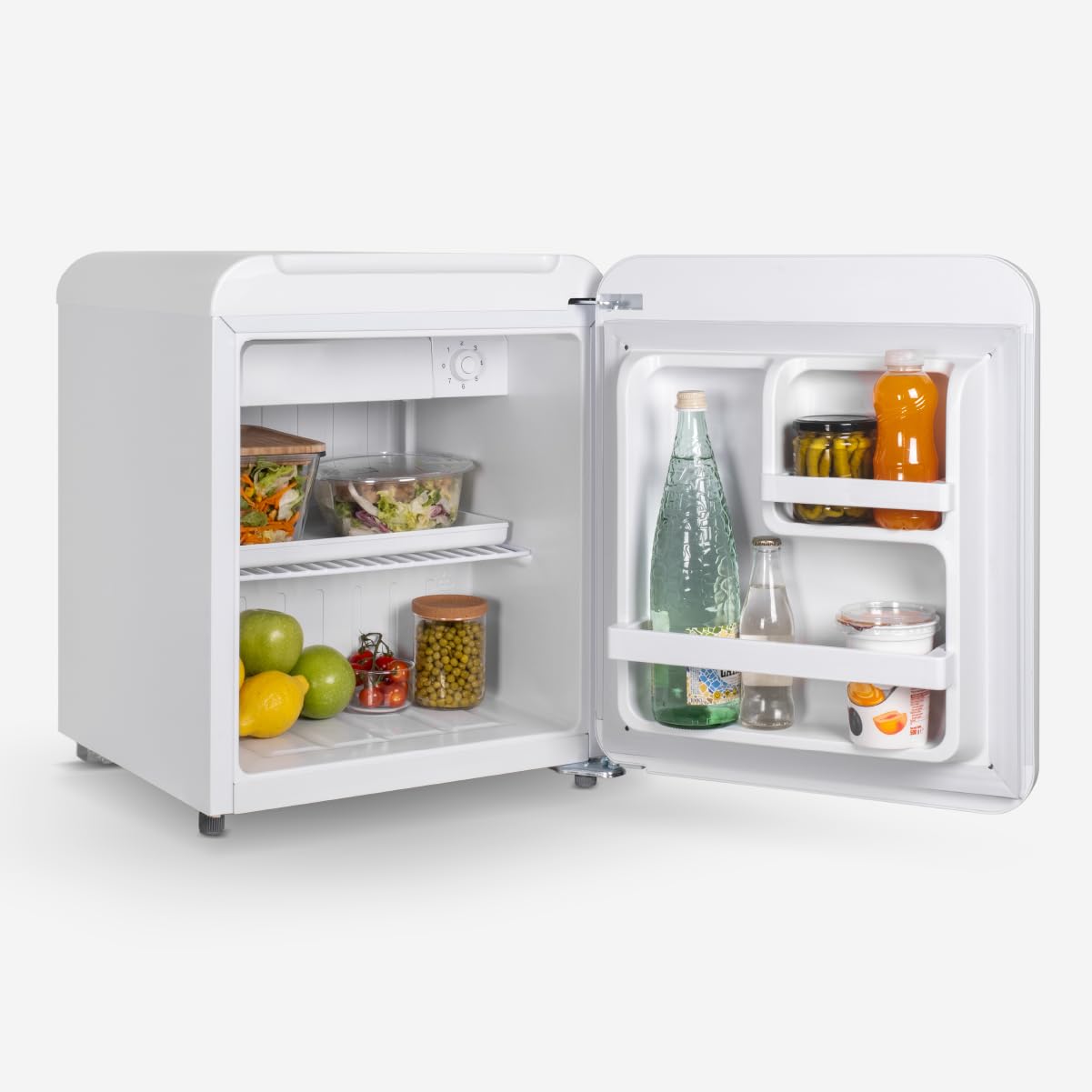 Mini Frigorífico UNIVERSALBLUE 48L Blanco – Diseño Vintage, Zona Fría 0 a -3ºC, Silencioso, Bajo Consumo, Congelador Integrado