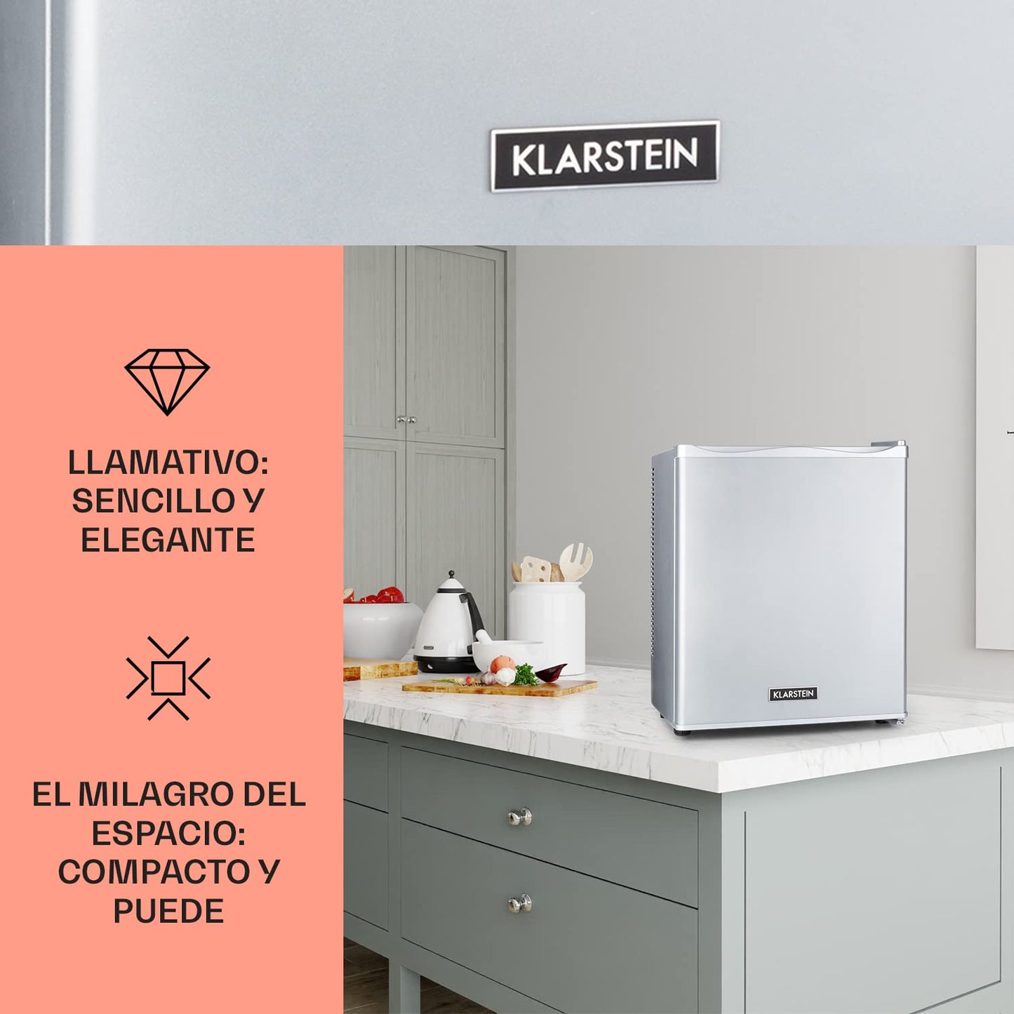 Mini Nevera Eléctrica KLARSTEIN 23 L – Frigorífico Compacto para Bebidas, Alimentos o Cosméticos – Bajo Consumo, Temperatura Regulable 5–15 °C, Motor Silencioso – Plata