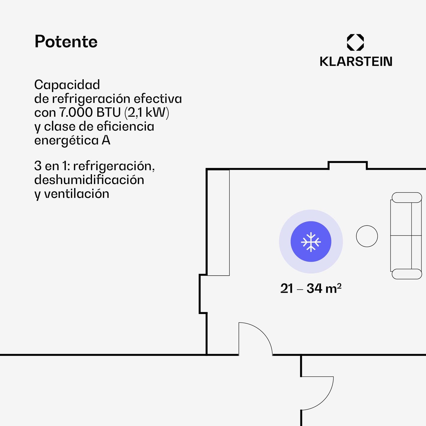 Klarstein Aire Acondicionado Portátil 3 en 1 – Silencioso y Eficiente, Enfriador de Aire con Modo Noche, Deshumidificador, Control por App, Bajo Consumo, Potencia 7,000 BTU, Ideal para Hogar y Oficina