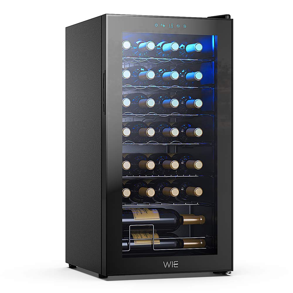 Vinoteca WIE 82L – Nevera para Vinos de 28 Botellas con Control Táctil, Protección UV, Iluminación LED y Temperatura Regulable 5–18 °C – Refrigerador Silencioso para Vino Tinto, Blanco y Cerveza – Negro