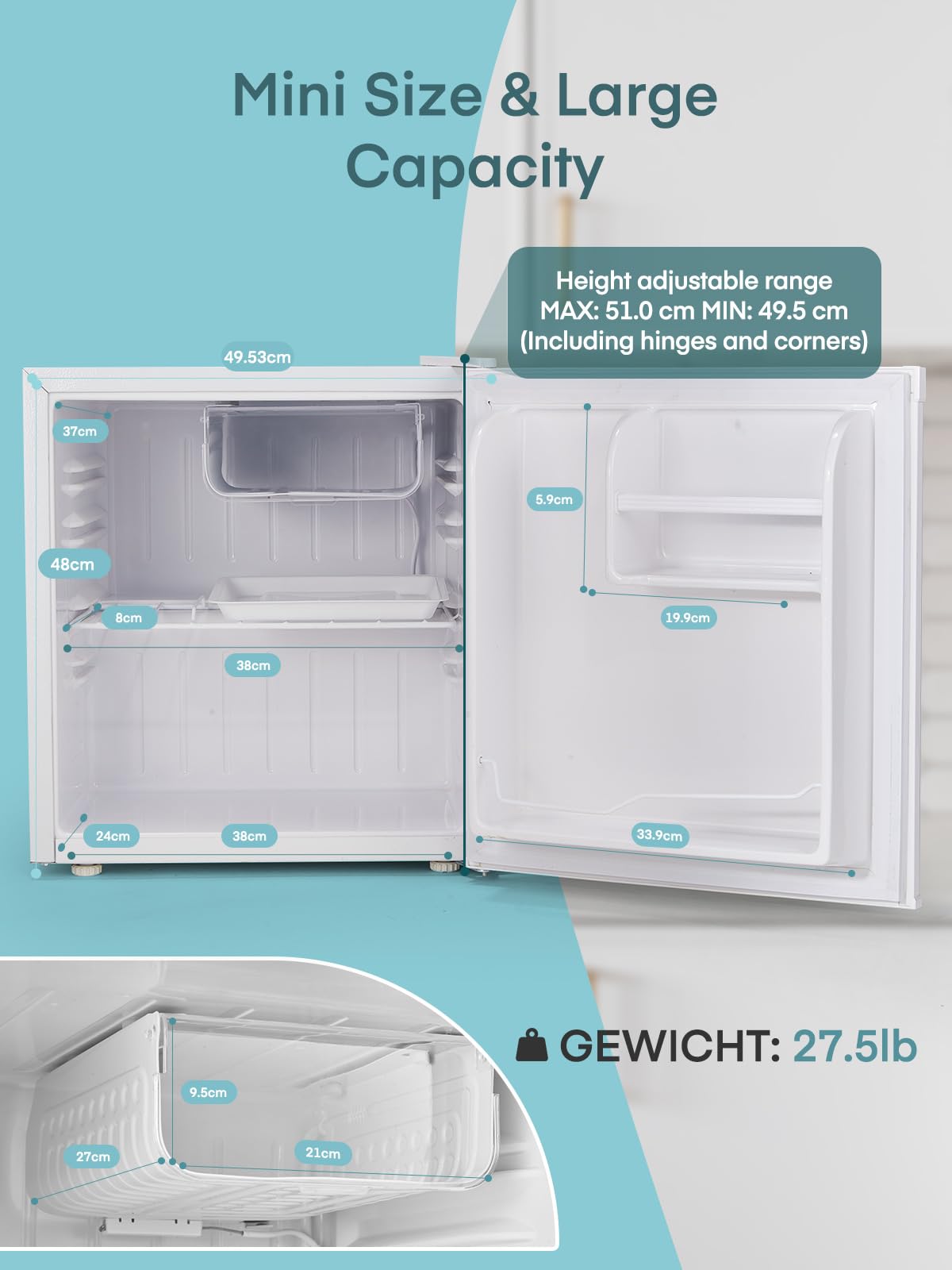 Mini Frigorífico FOHERE 46L – Bajo Consumo, Puerta Reversible, Temperatura Ajustable y Funcionamiento Silencioso – Color Blanco