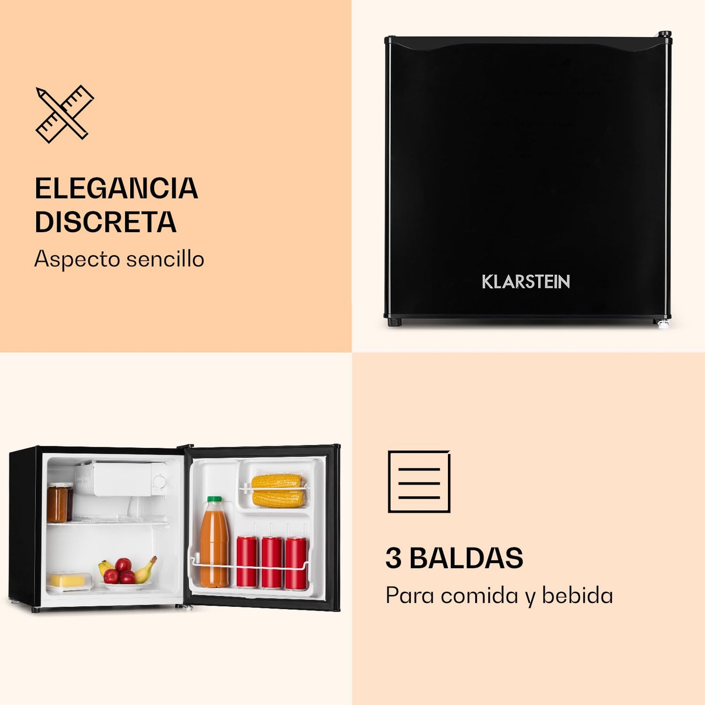 Klarstein Mini Nevera Portátil 46L – Refrigerador Silencioso con Control de Temperatura 0-10°C, Iluminación LED y Compartimento para Hielos – Ideal para Hogar, Oficina y Caravanas