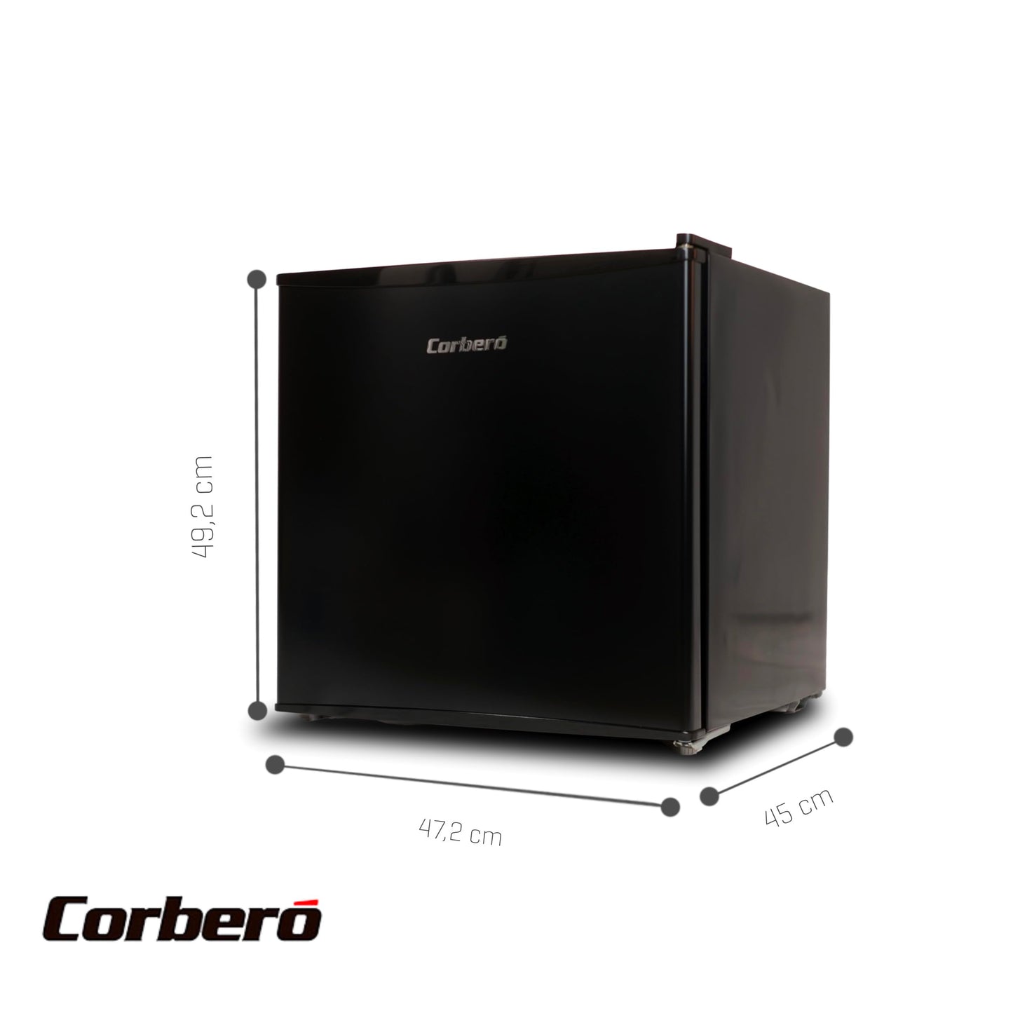 Minibar Corberó 43L – Puerta Reversible, Rango de Temperatura 1-10 °C, Estantes de Plástico, Bajo Ruido, Clase Energética E – Negro