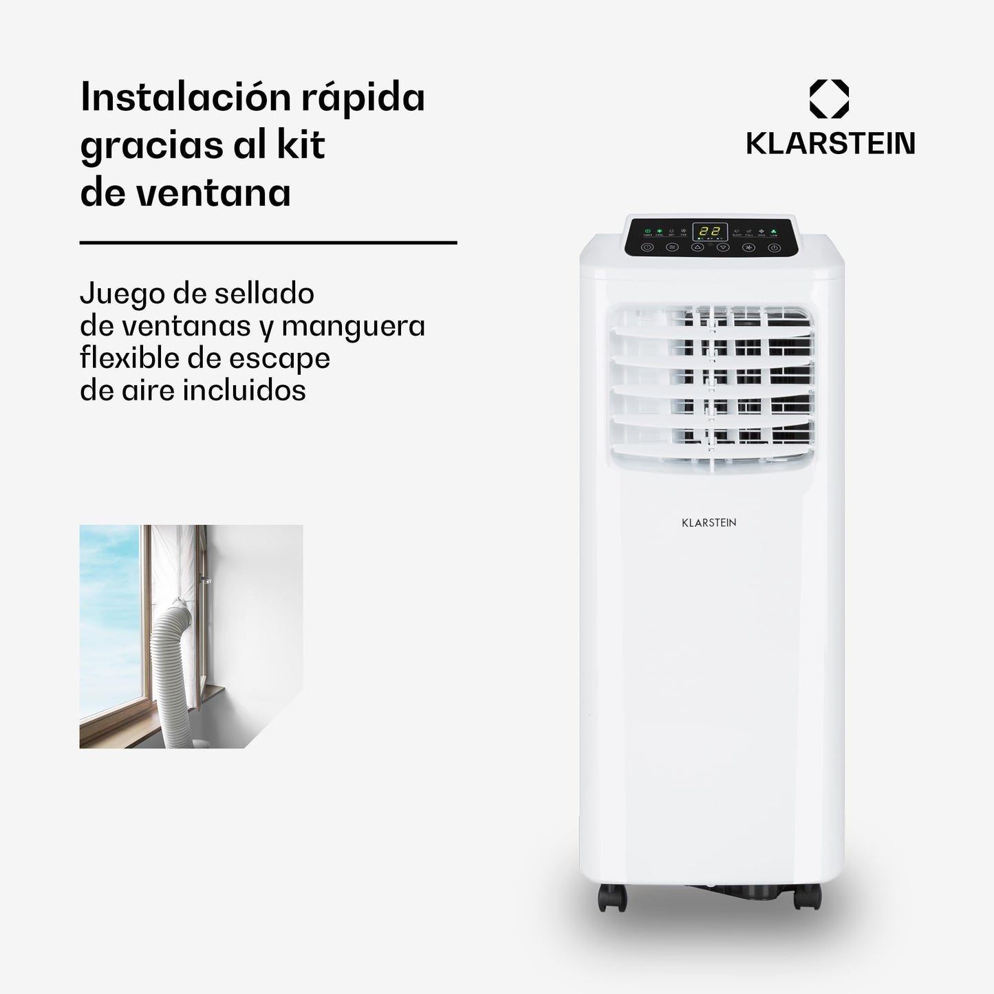 Klarstein Aire Acondicionado Portátil 3 en 1 – Silencioso y Eficiente, Enfriador de Aire con Modo Noche, Deshumidificador, Control por App, Bajo Consumo, Potencia 7,000 BTU, Ideal para Hogar y Oficina