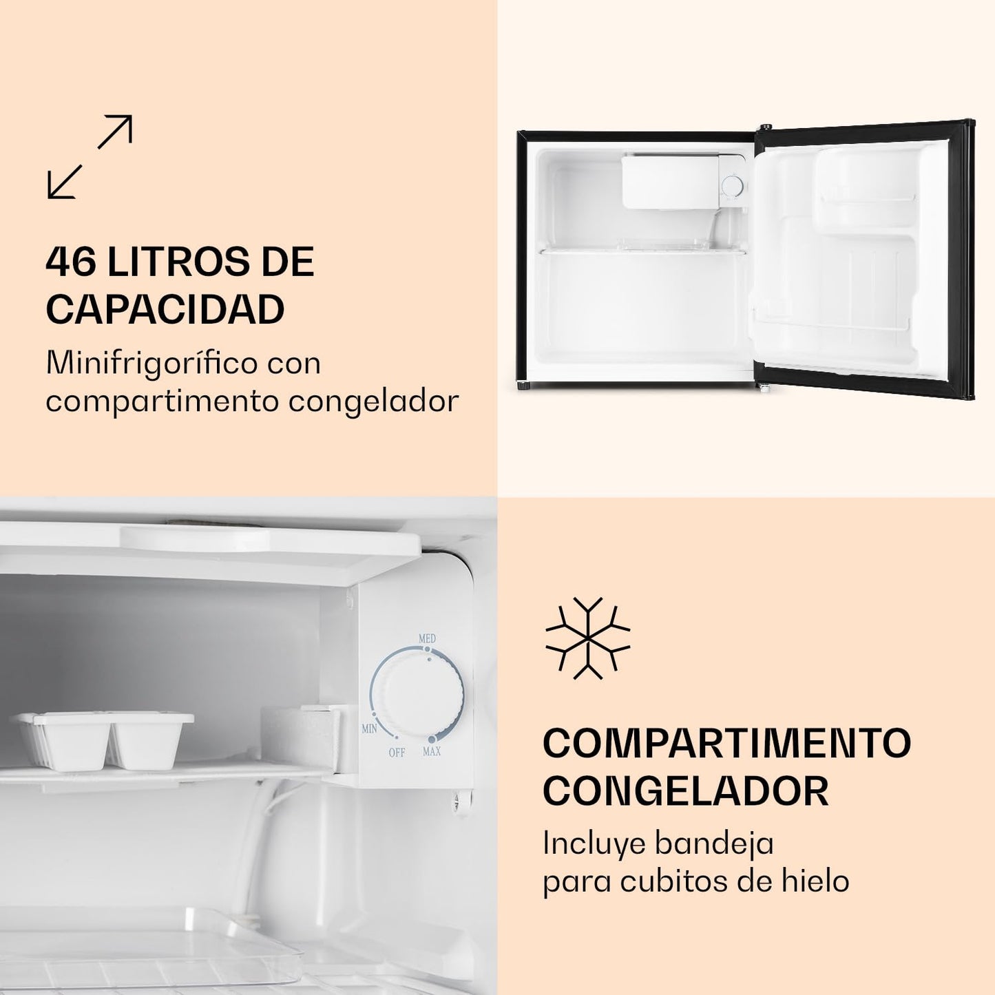 Klarstein Mini Nevera Portátil 46L – Refrigerador Silencioso con Control de Temperatura 0-10°C, Iluminación LED y Compartimento para Hielos – Ideal para Hogar, Oficina y Caravanas