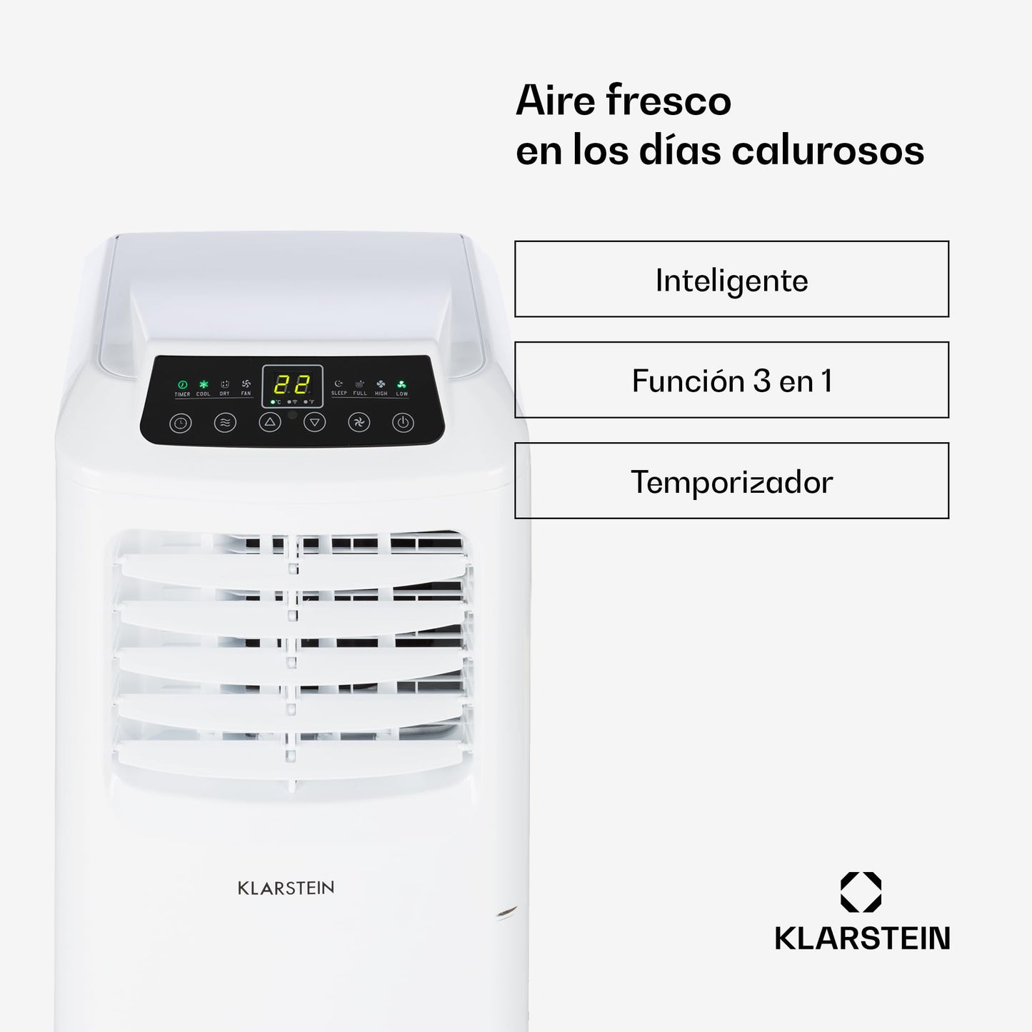 Klarstein Aire Acondicionado Portátil 3 en 1 – Silencioso y Eficiente, Enfriador de Aire con Modo Noche, Deshumidificador, Control por App, Bajo Consumo, Potencia 7,000 BTU, Ideal para Hogar y Oficina