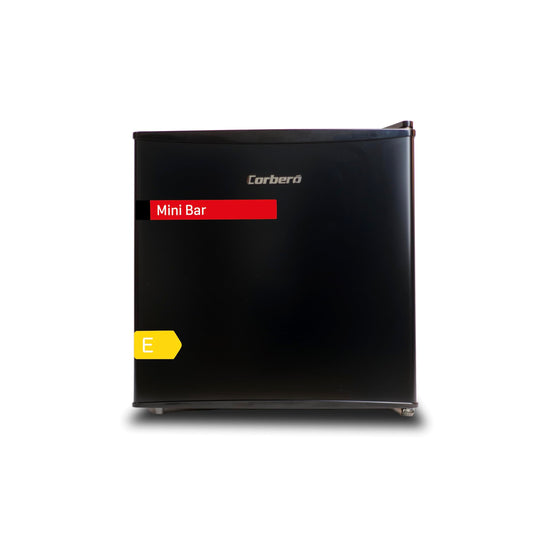 Minibar Corberó 43L – Puerta Reversible, Rango de Temperatura 1-10 °C, Estantes de Plástico, Bajo Ruido, Clase Energética E – Negro