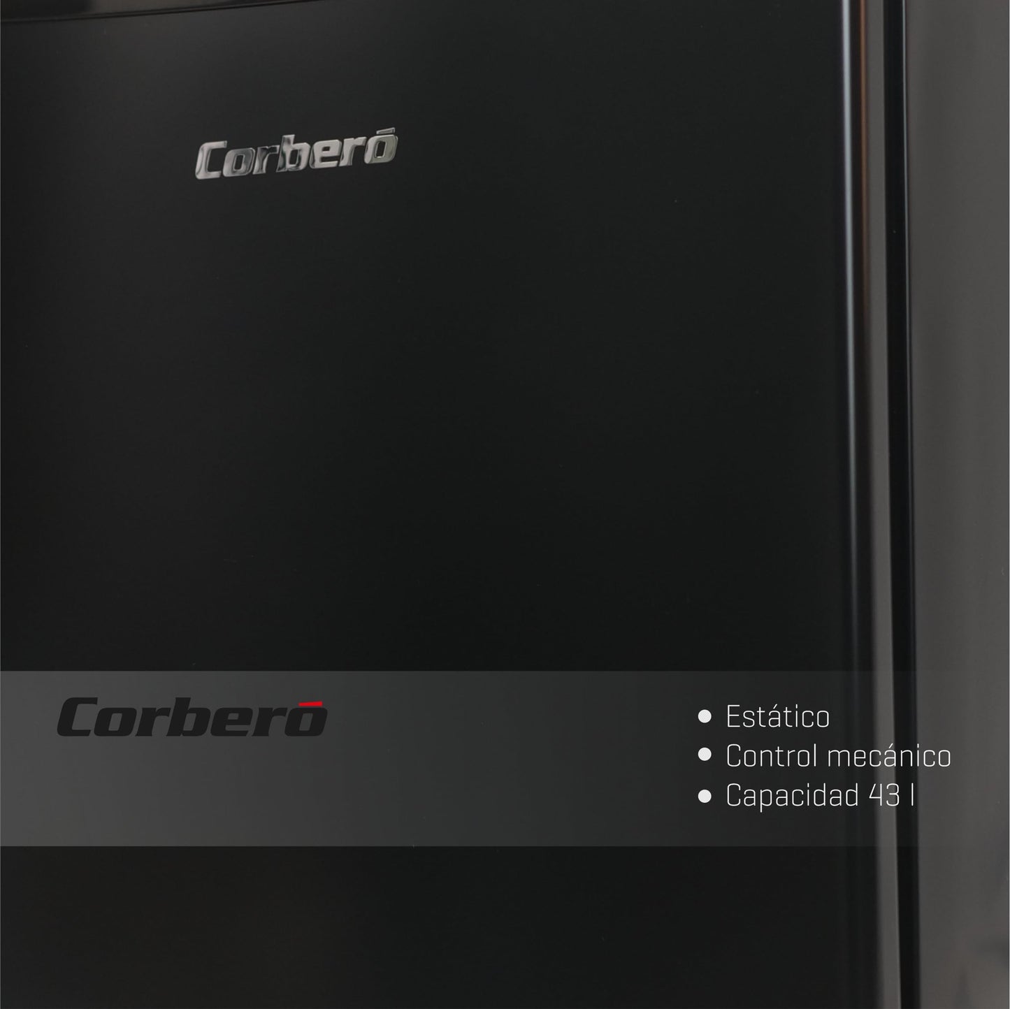 Minibar Corberó 43L – Puerta Reversible, Rango de Temperatura 1-10 °C, Estantes de Plástico, Bajo Ruido, Clase Energética E – Negro