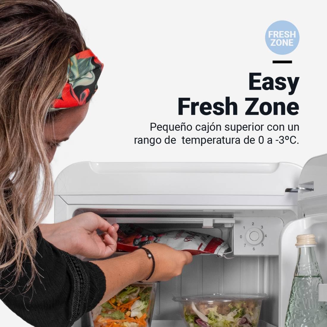Mini Frigorífico UNIVERSALBLUE 48L Blanco – Diseño Vintage, Zona Fría 0 a -3ºC, Silencioso, Bajo Consumo, Congelador Integrado