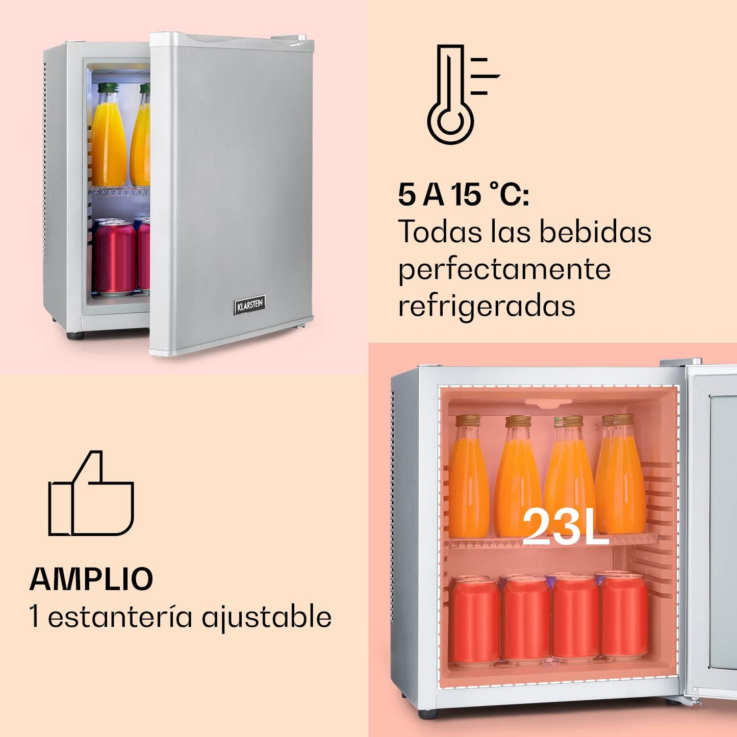 Mini Nevera Eléctrica KLARSTEIN 23 L – Frigorífico Compacto para Bebidas, Alimentos o Cosméticos – Bajo Consumo, Temperatura Regulable 5–15 °C, Motor Silencioso – Plata