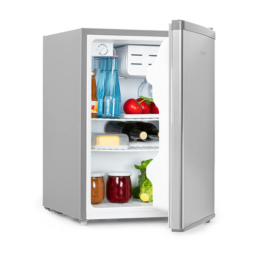 Klarstein Cool Kid – Mini Nevera Compacta de 66L con Congelador 4L, Bajo Consumo Clase E, Refrigerador Silencioso 42 dB, Acero Inoxidable Plateado