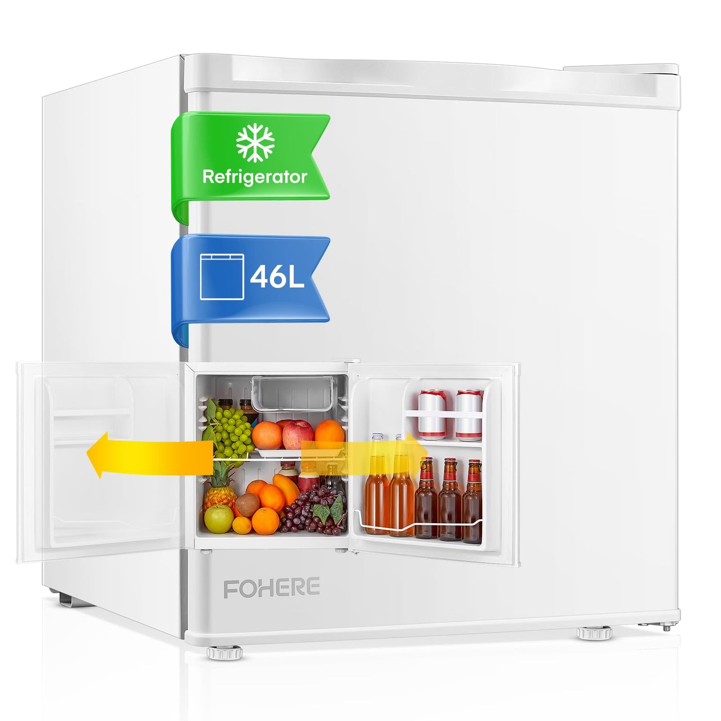 Mini Frigorífico FOHERE 46L – Bajo Consumo, Puerta Reversible, Temperatura Ajustable y Funcionamiento Silencioso – Color Blanco