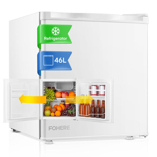 Mini Frigorífico FOHERE 46L – Bajo Consumo, Puerta Reversible, Temperatura Ajustable y Funcionamiento Silencioso – Color Blanco