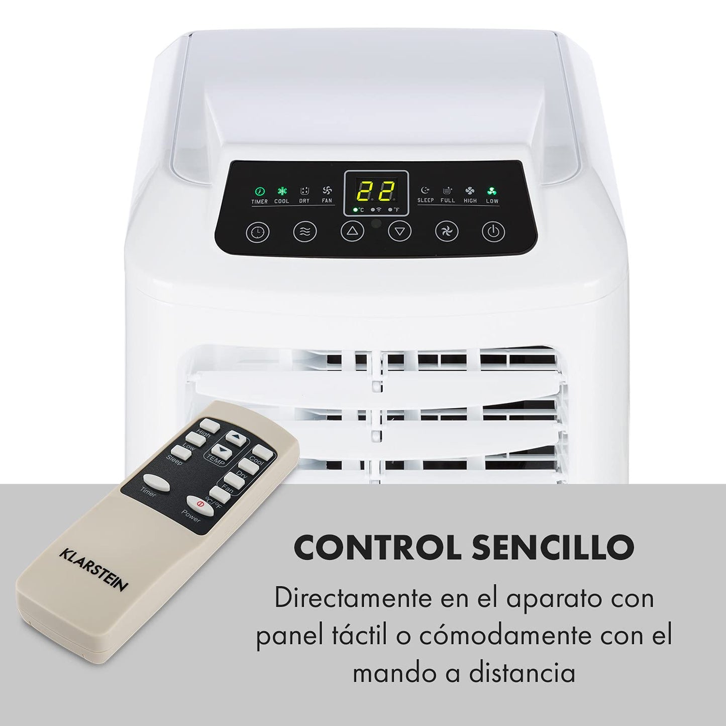 Klarstein Aire Acondicionado Portátil 3 en 1 – Silencioso y Eficiente, Enfriador de Aire con Modo Noche, Deshumidificador, Control por App, Bajo Consumo, Potencia 7,000 BTU, Ideal para Hogar y Oficina