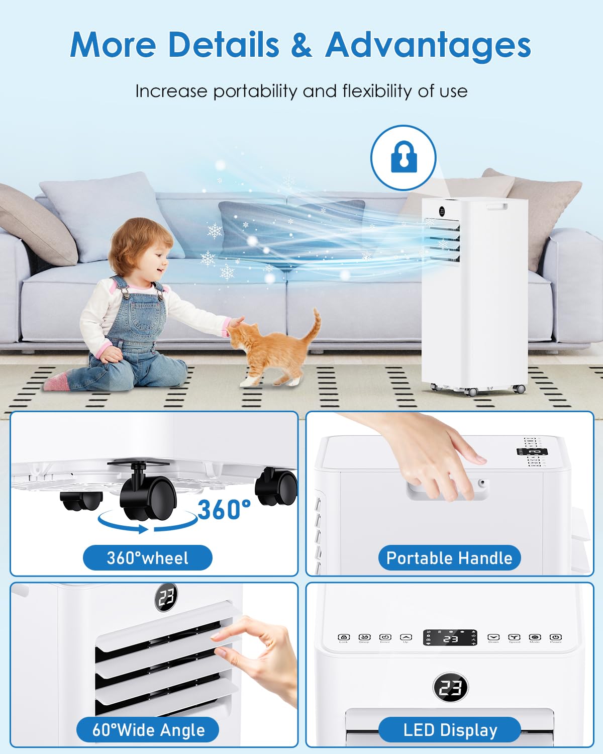Portable Air Conditioner 7000 BTU – All-in-1 Cooling, Ventilation, Dehumidification, and Sleep Modes, Digital Display, Remote Control, 24-Hour Timer, with Exhaust Hose