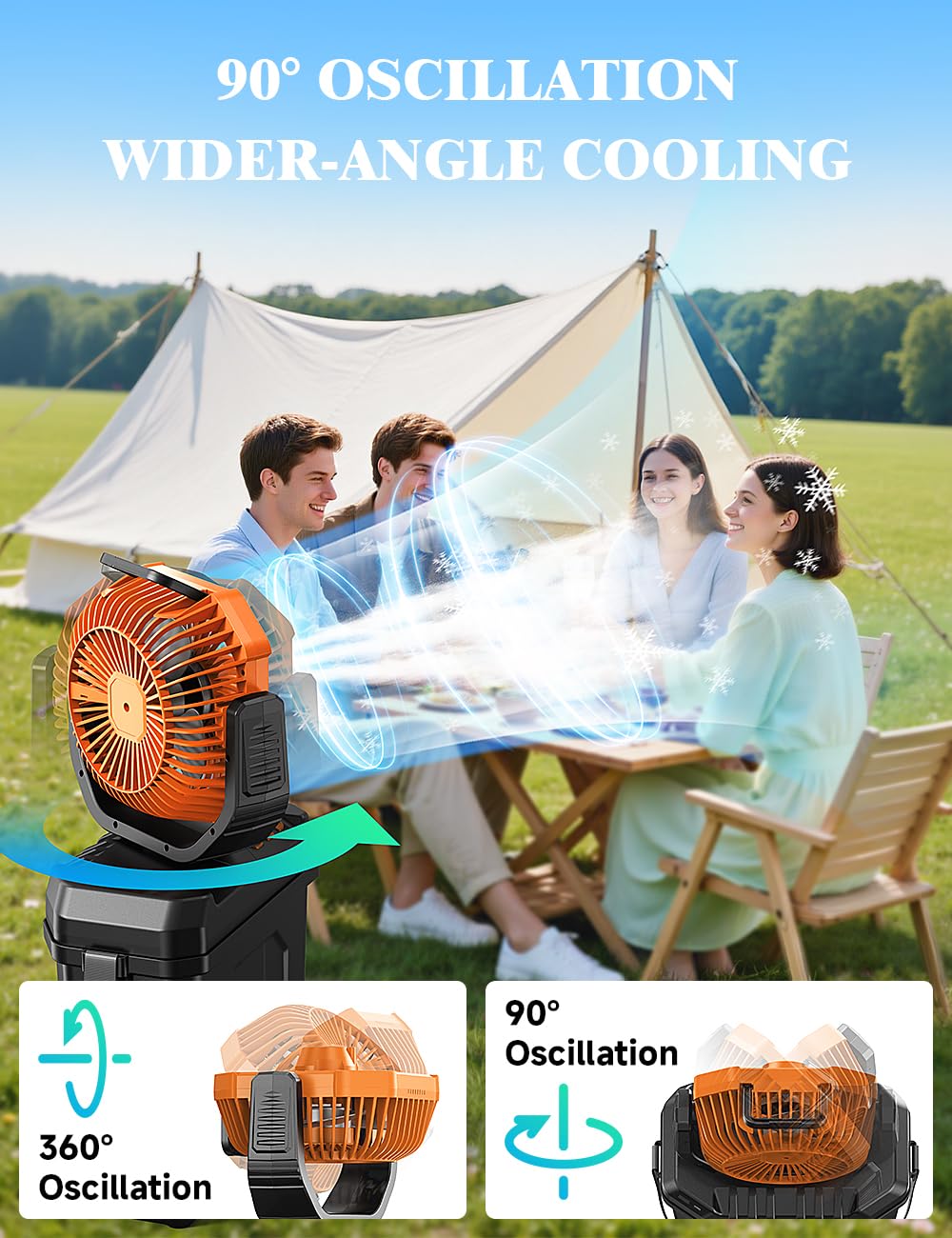 **Aire Acondicionado Portátil 5 en 1** – Enfriador de aire con tanque de agua de 6 L, batería recargable de 20.000 mAh vía USB, 4 velocidades de viento, oscilación automática y funcionamiento silencioso. Ideal para uso interior y exterior.