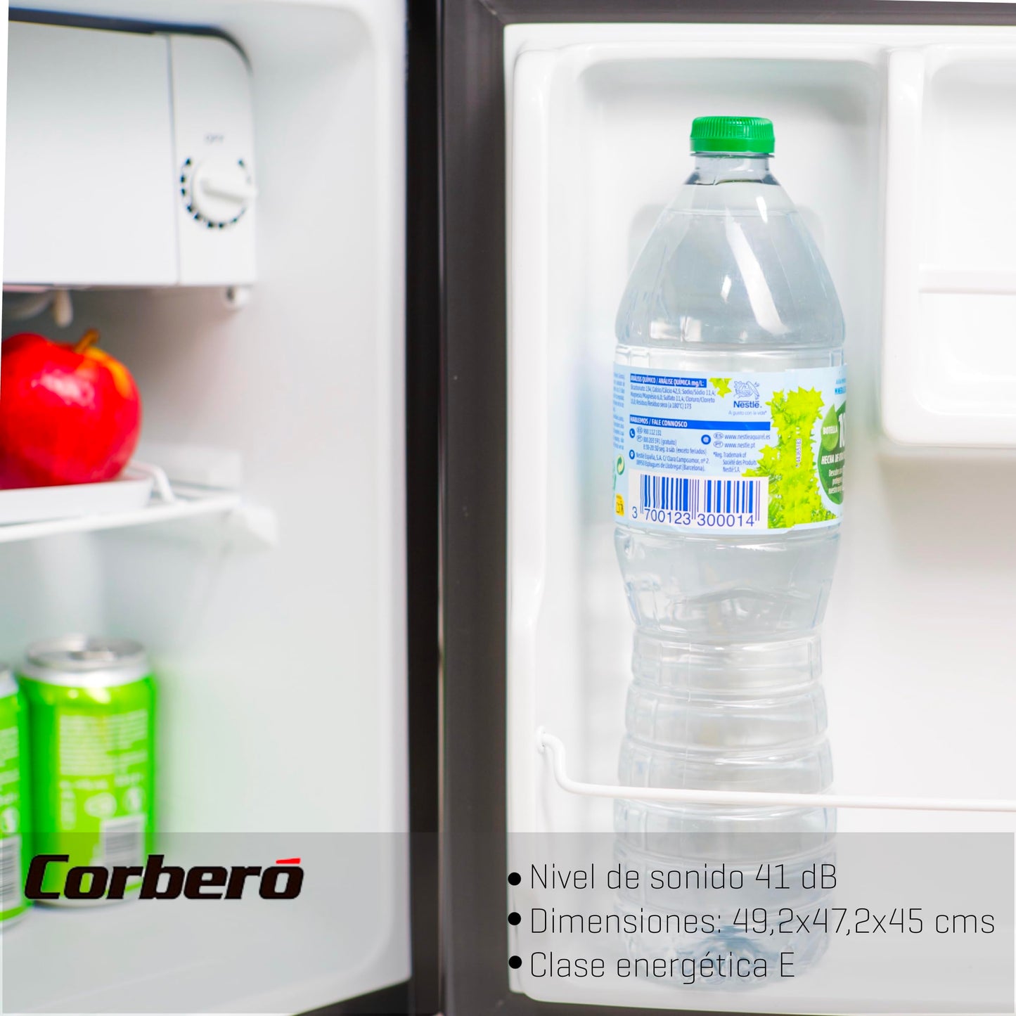Minibar Corberó 43L – Puerta Reversible, Rango de Temperatura 1-10 °C, Estantes de Plástico, Bajo Ruido, Clase Energética E – Negro